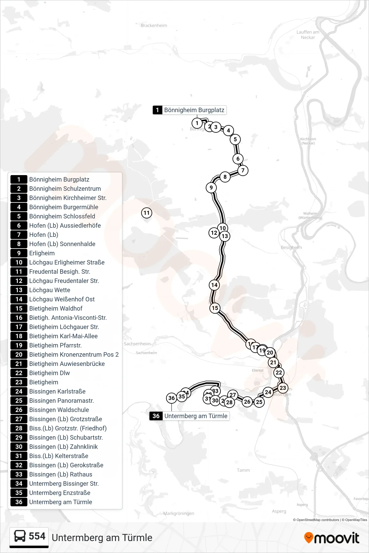 554 bus Line (Untermberg am Türmle) route and stops on a map