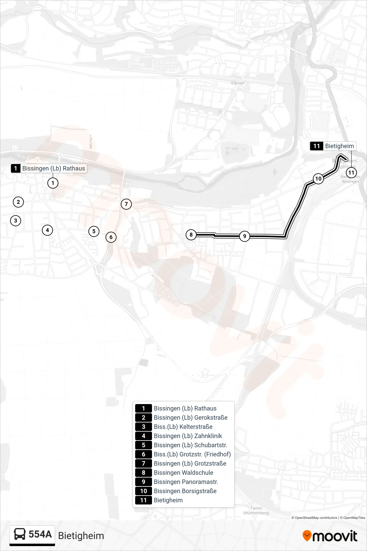554A bus Line (Bietigheim) route and stops on a map