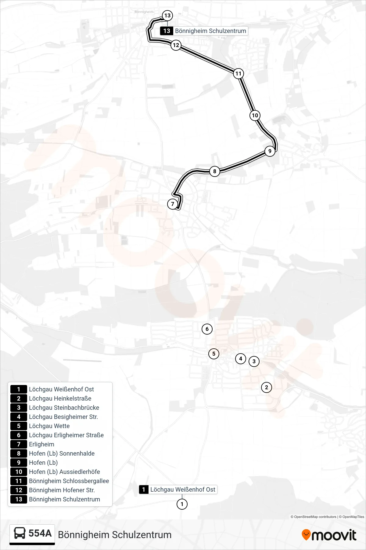 554A bus Line (Bönnigheim Schulzentrum) route and stops on a map