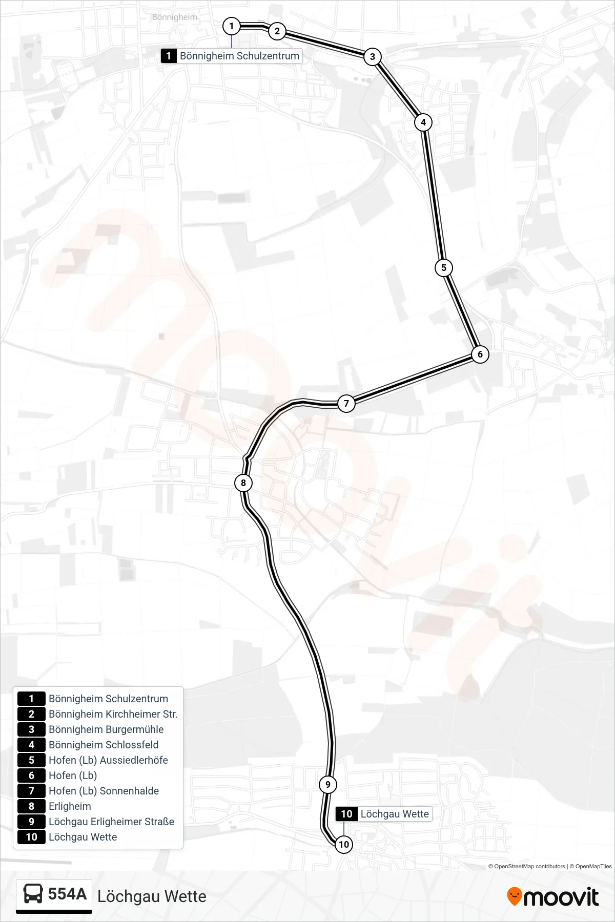 554A bus Line (Löchgau Wette) route and stops on a map