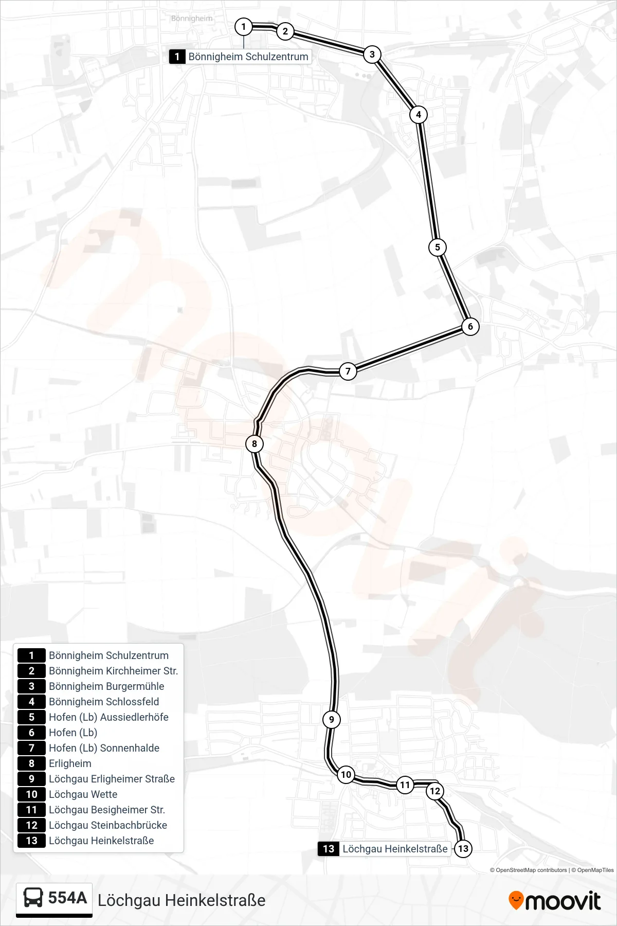 554A bus Line (Löchgau Heinkelstraße) route and stops on a map