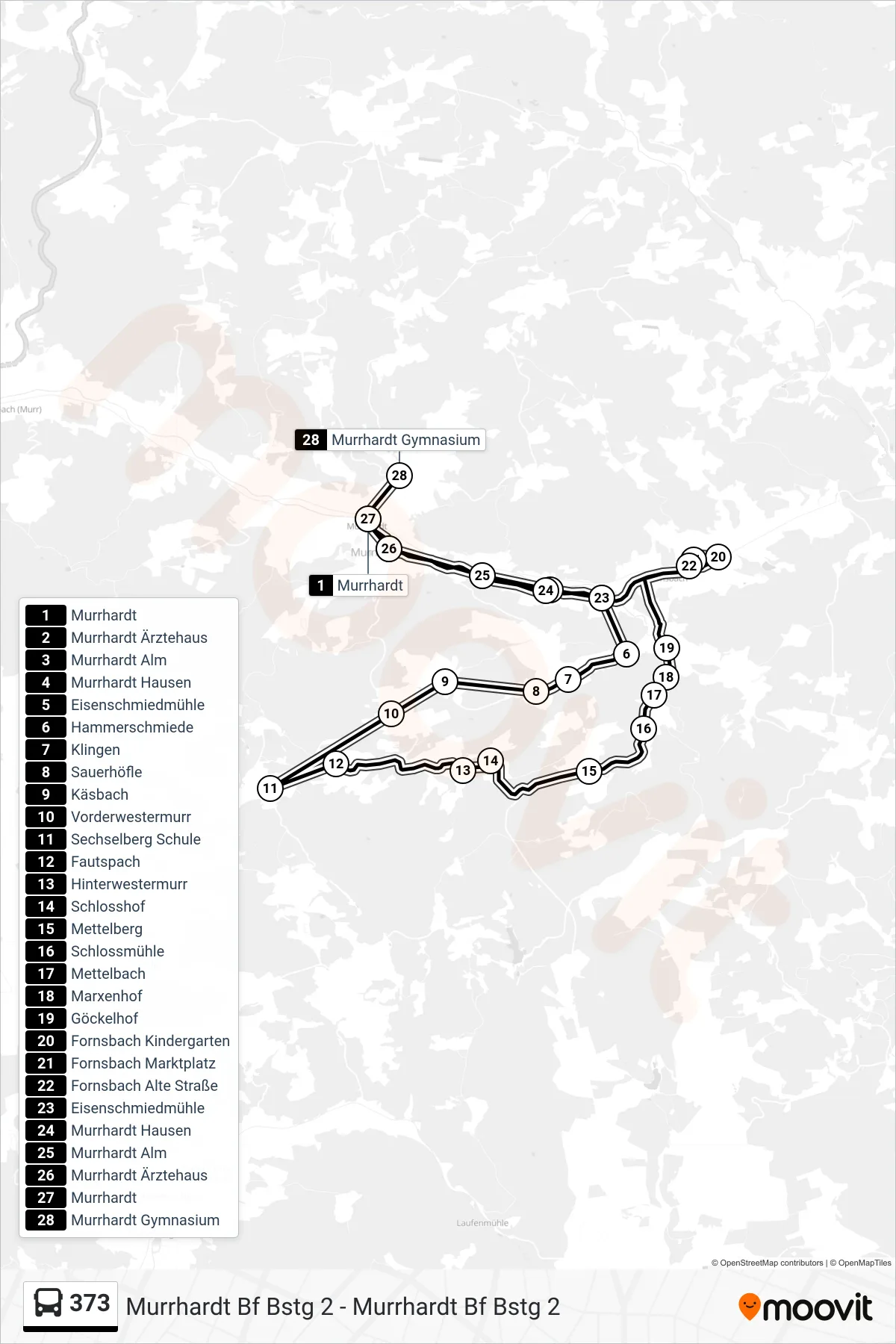 Linie 373 (Bus) Richtung Murrhardt Gymnasium: Route und Haltestellen auf der Karte