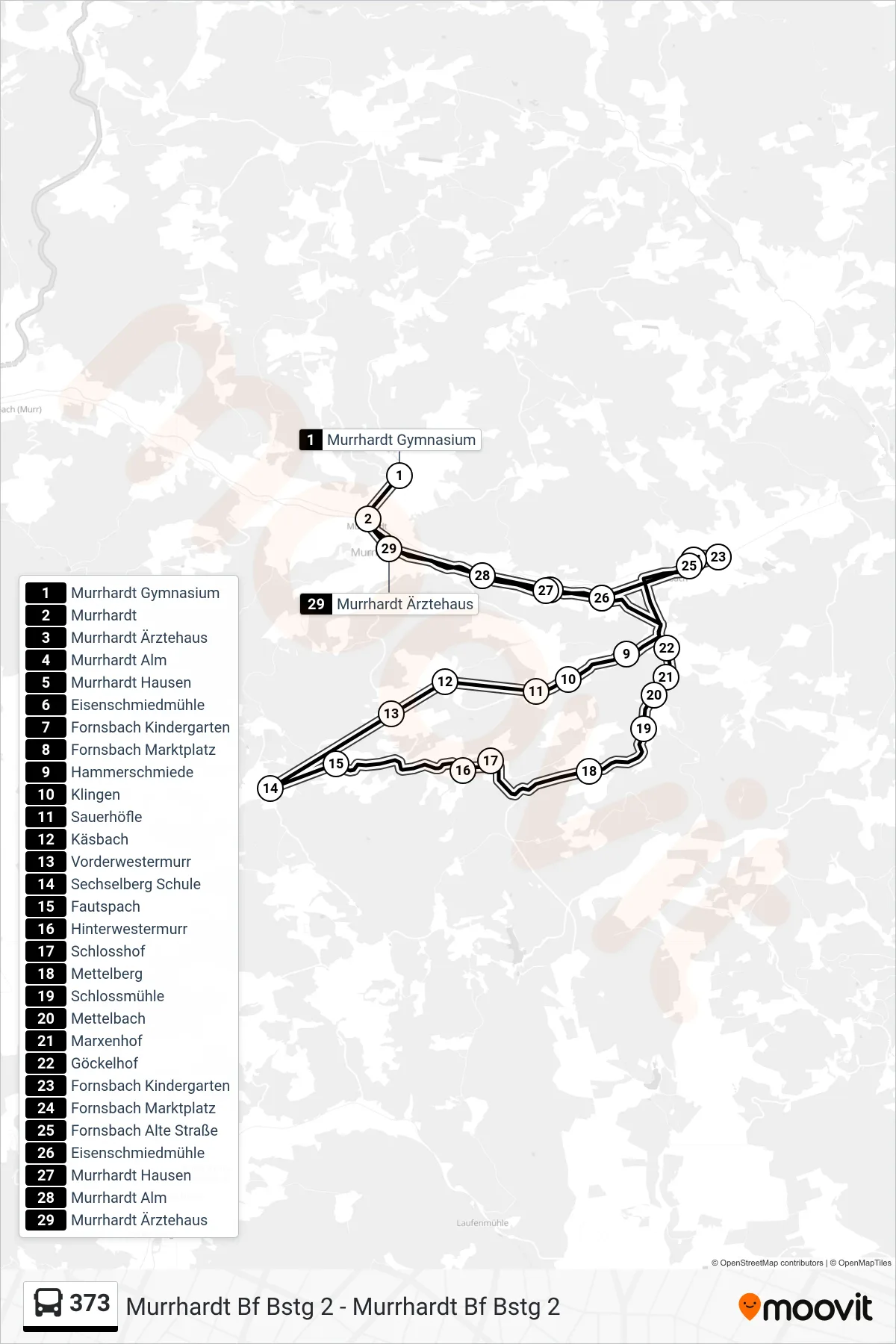 373 bus Line (Murrhardt) route and stops on a map