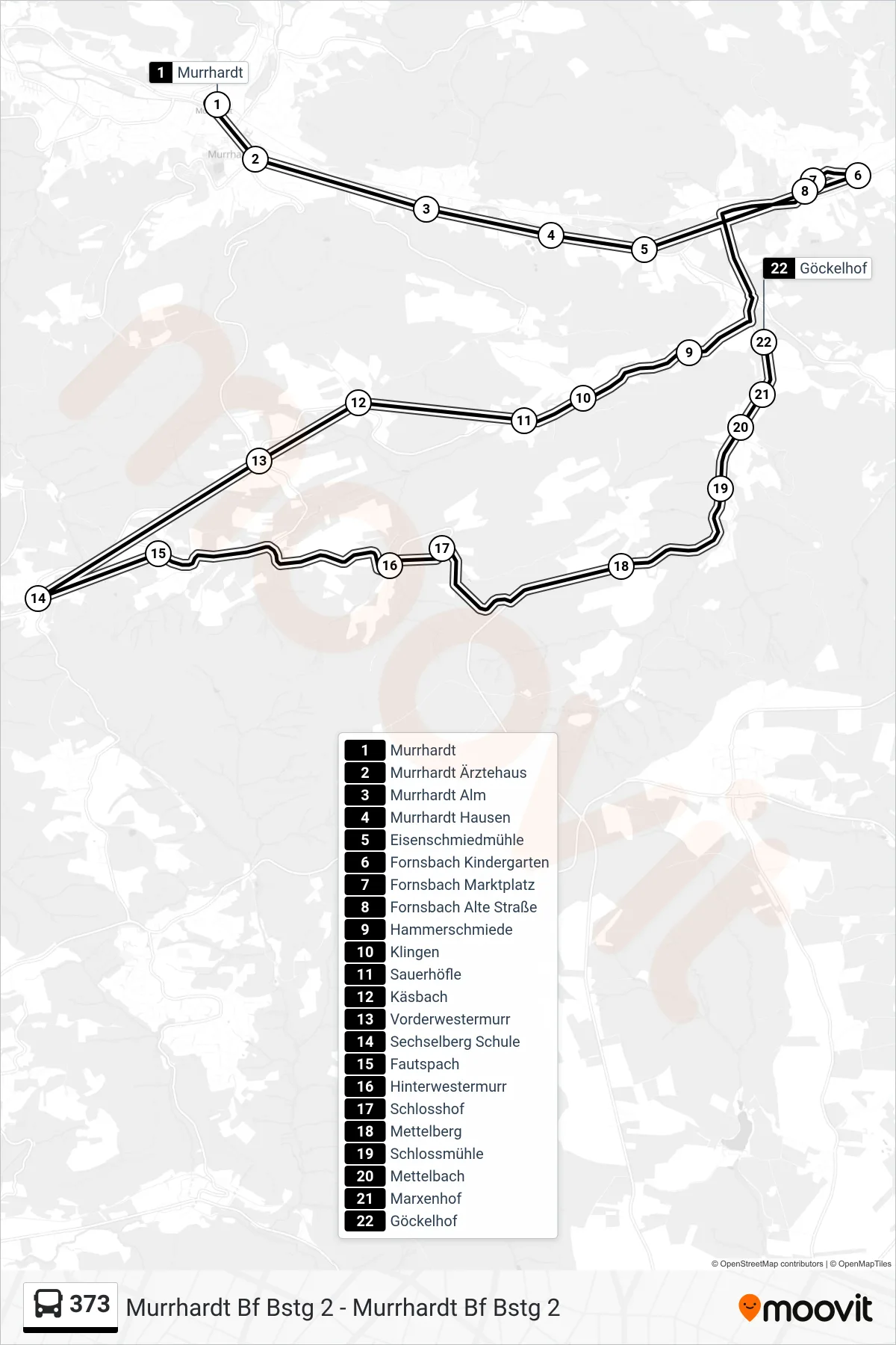 373 bus Line (Kirchenk. Göckelhof) route and stops on a map