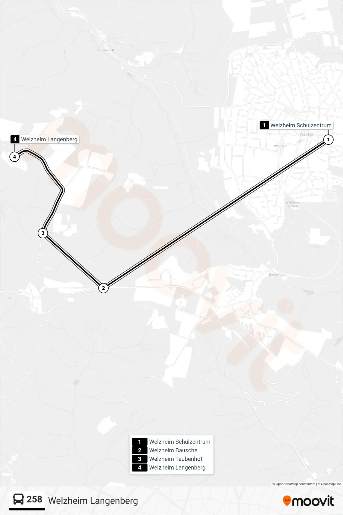 258 bus Line (Welzheim Langenberg) route and stops on a map