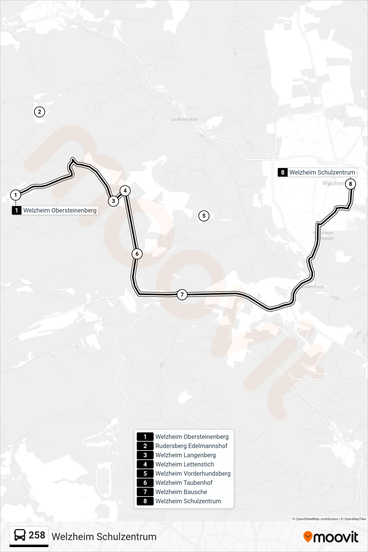 258 bus Line (Welzheim Schulzentrum) route and stops on a map