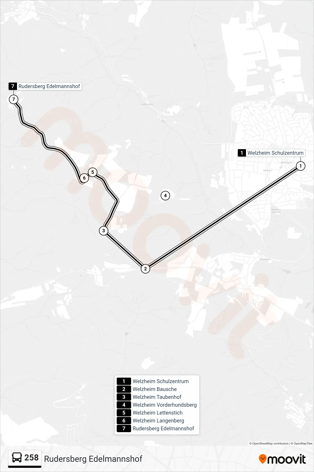 258 bus Line (Rudersberg Edelmannshof) route and stops on a map