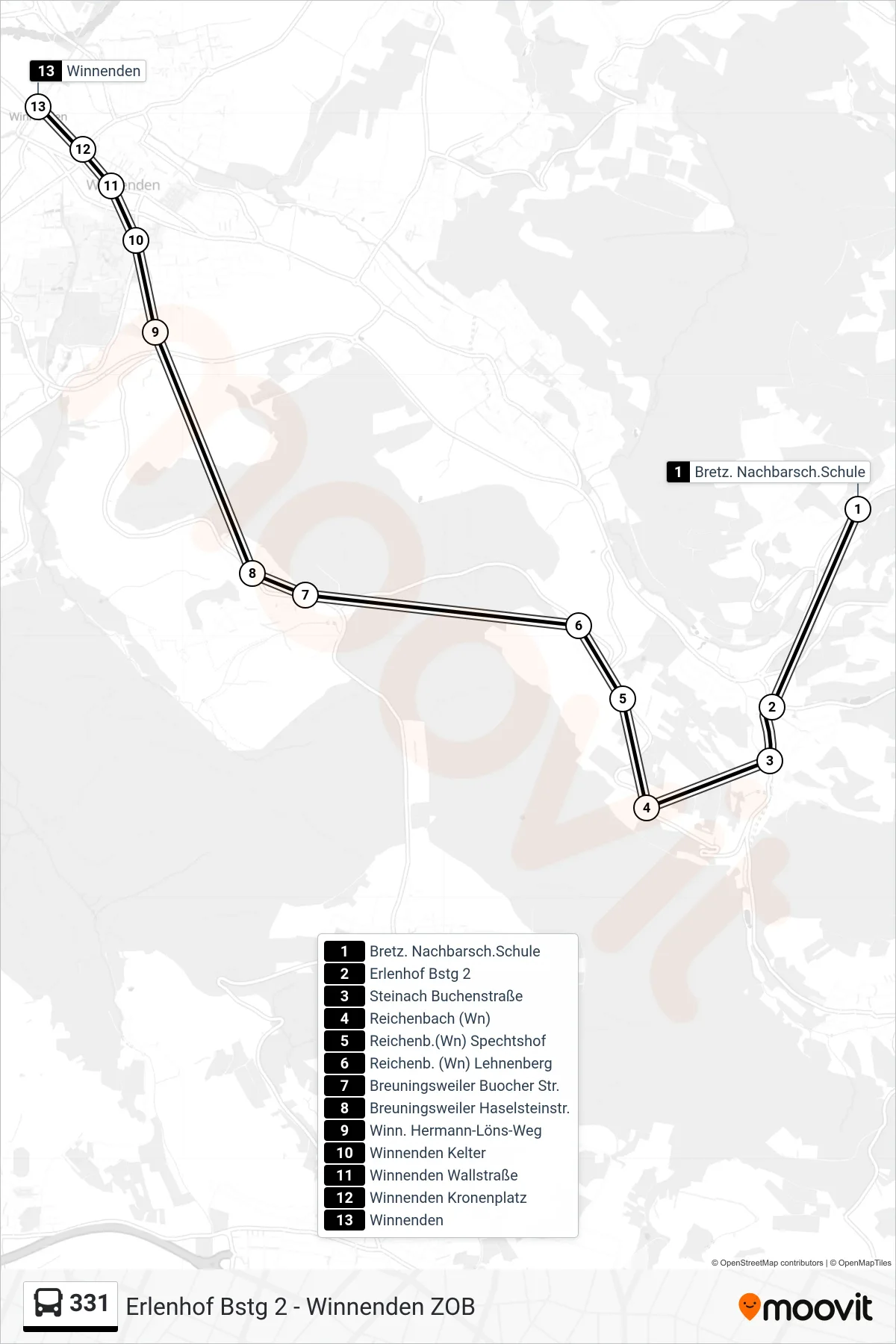 331 bus Line (Winnenden) route and stops on a map