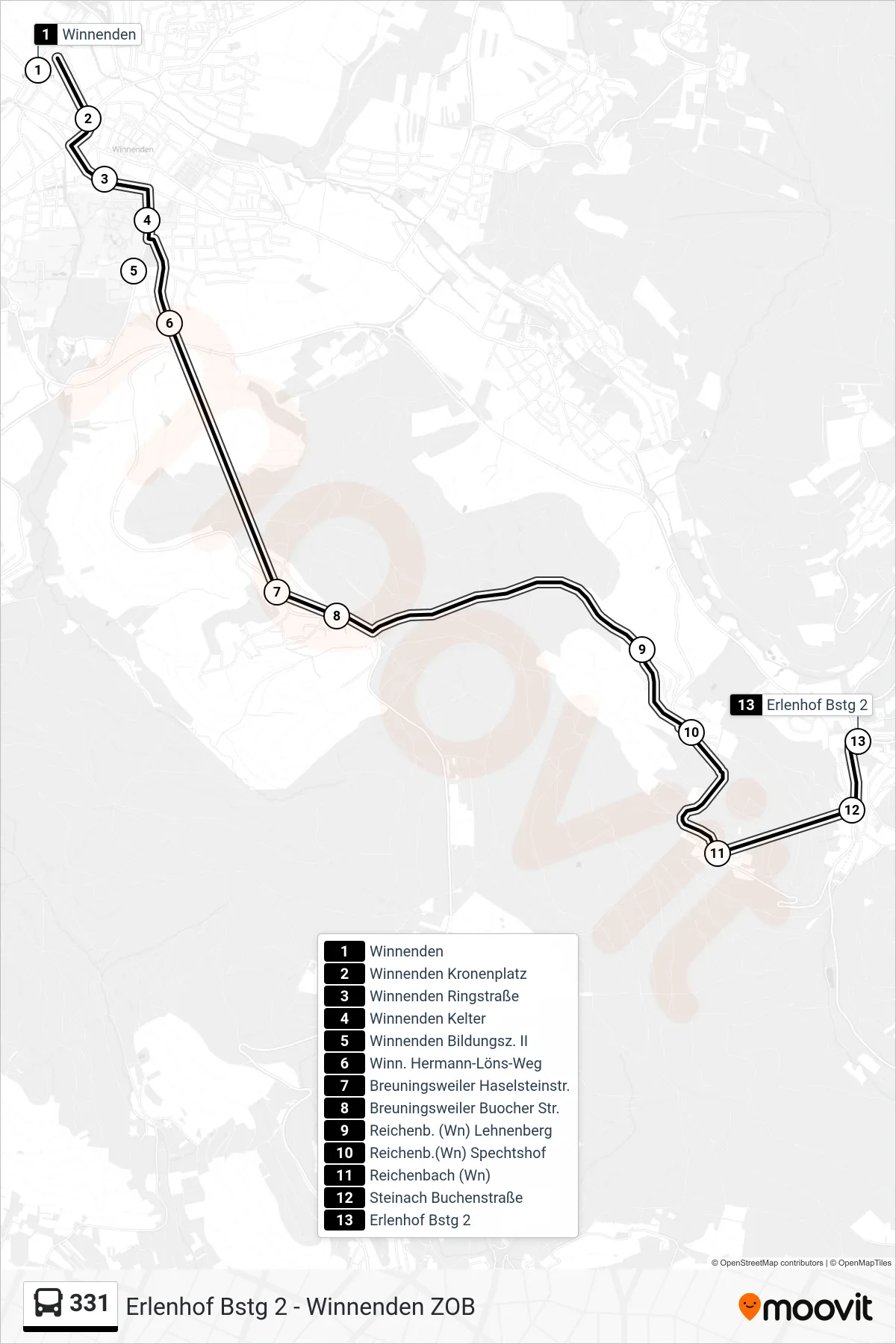 331 bus Line (Ödernhardt Erlenhof) route and stops on a map