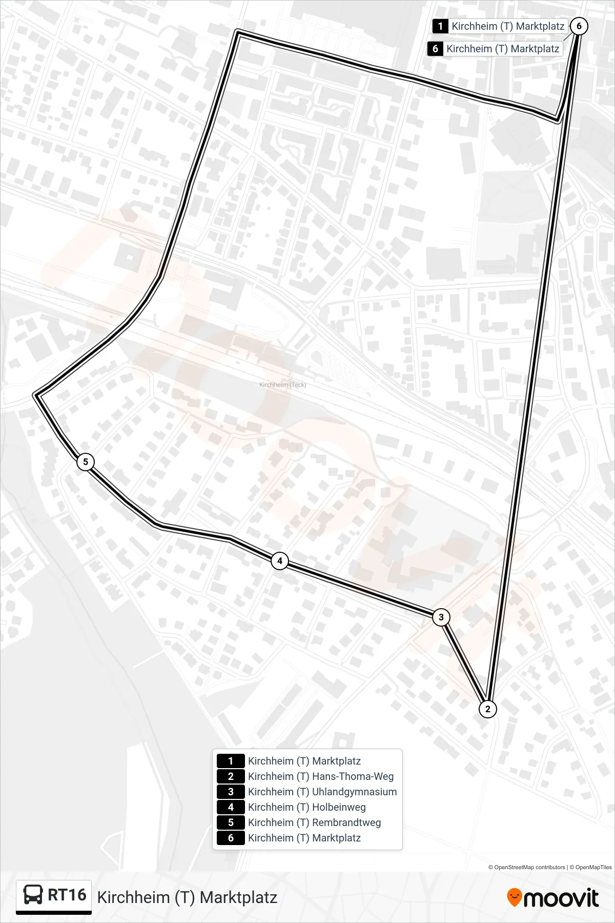 Linie RT16 (Bus) Richtung Kirchheim (T) Marktplatz: Route und Haltestellen auf der Karte