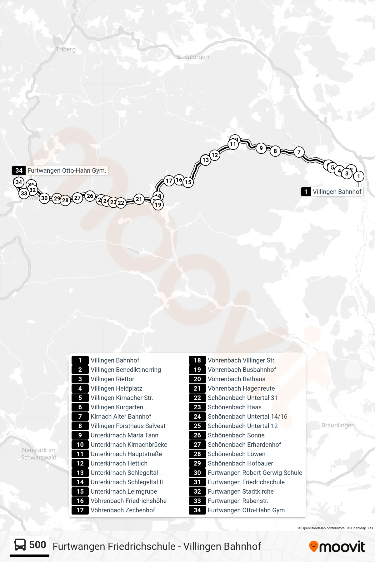 Linie 500 (Bus) Richtung Furtwangen Otto-Hahn Gym.: Route und Haltestellen auf der Karte