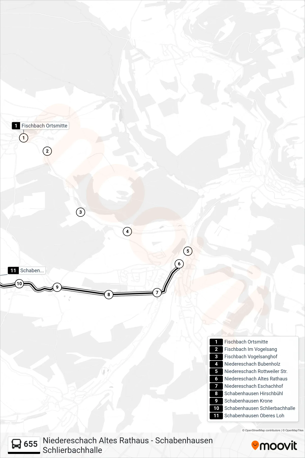655 bus Line (Schabenhausen Oberes Loh) route and stops on a map