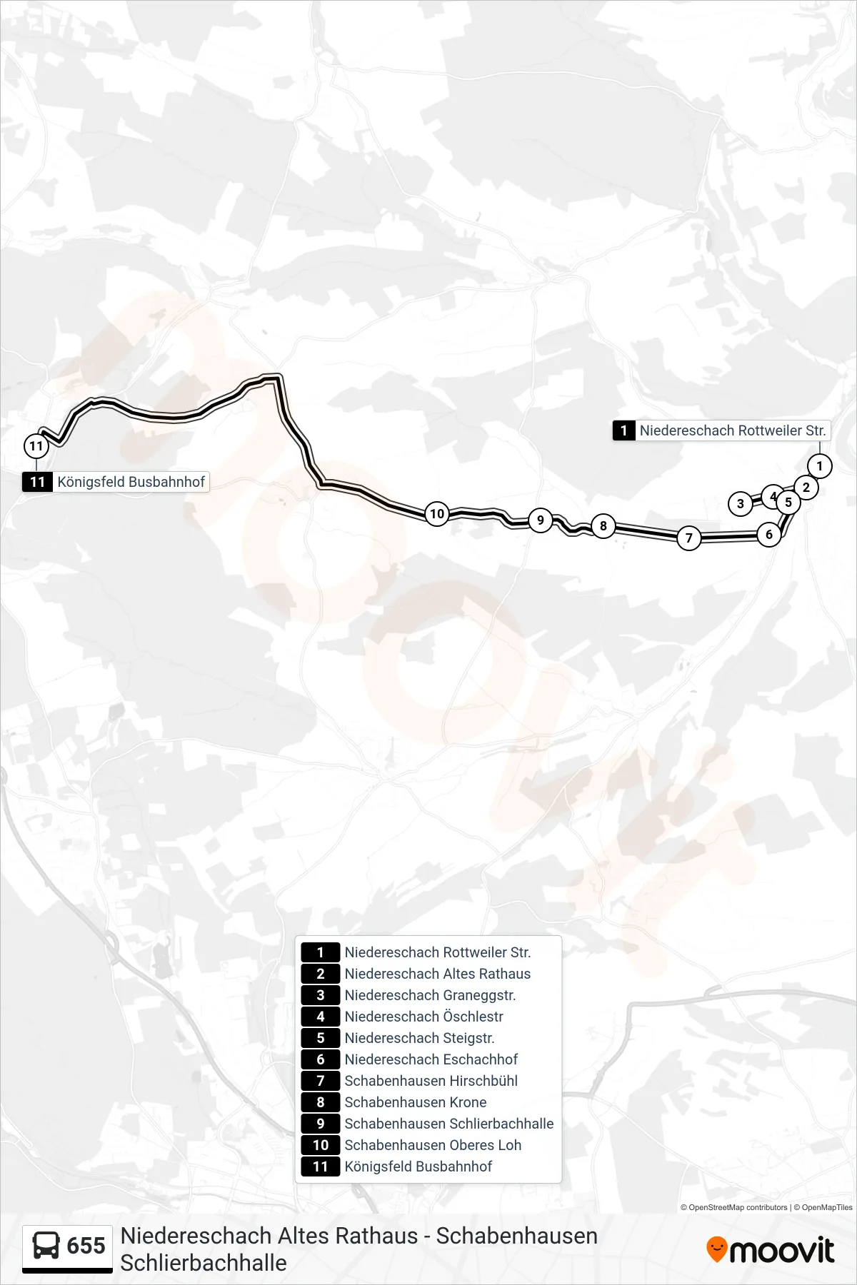 655 bus Line (Königsfeld Busbahnhof) route and stops on a map