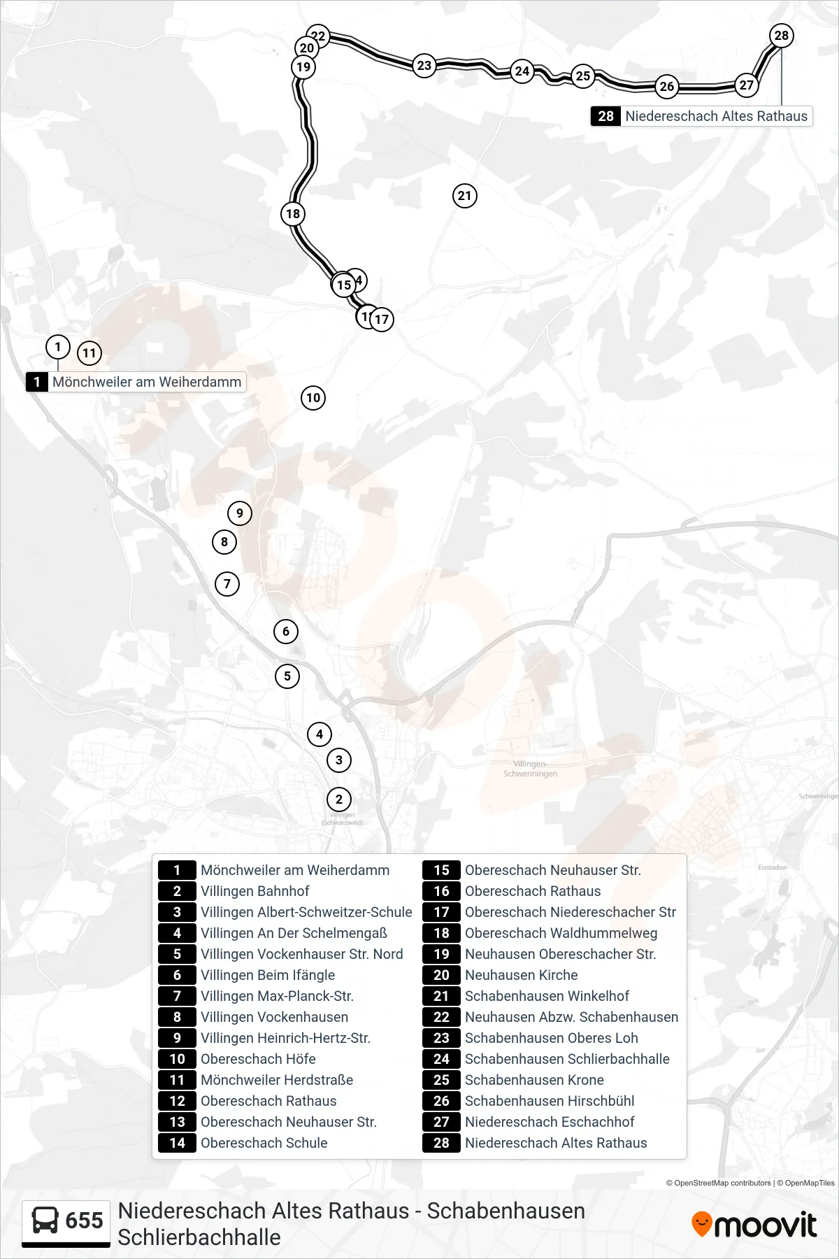 655 bus Line (Niedereschach Altes Rathaus) route and stops on a map