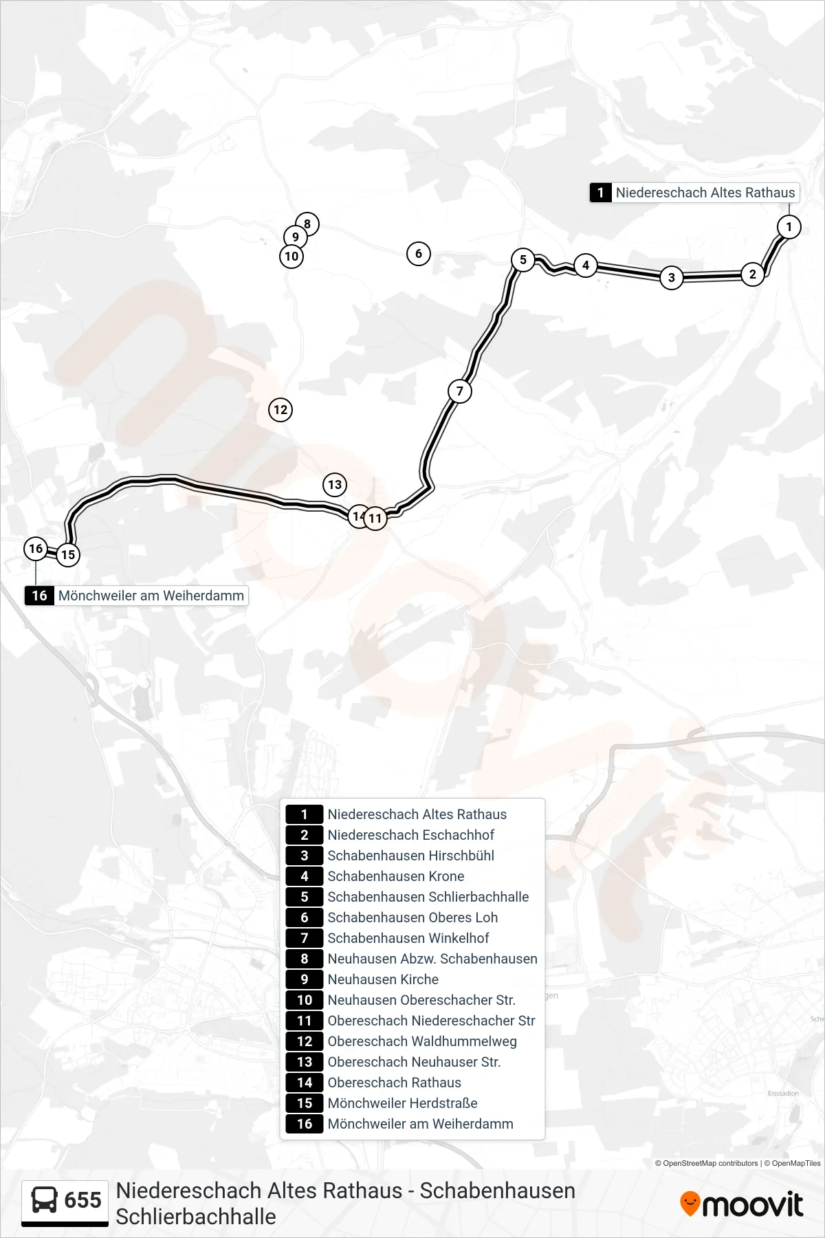Linie 655 (Bus) Richtung Mönchweiler am Weiherdamm: Route und Haltestellen auf der Karte