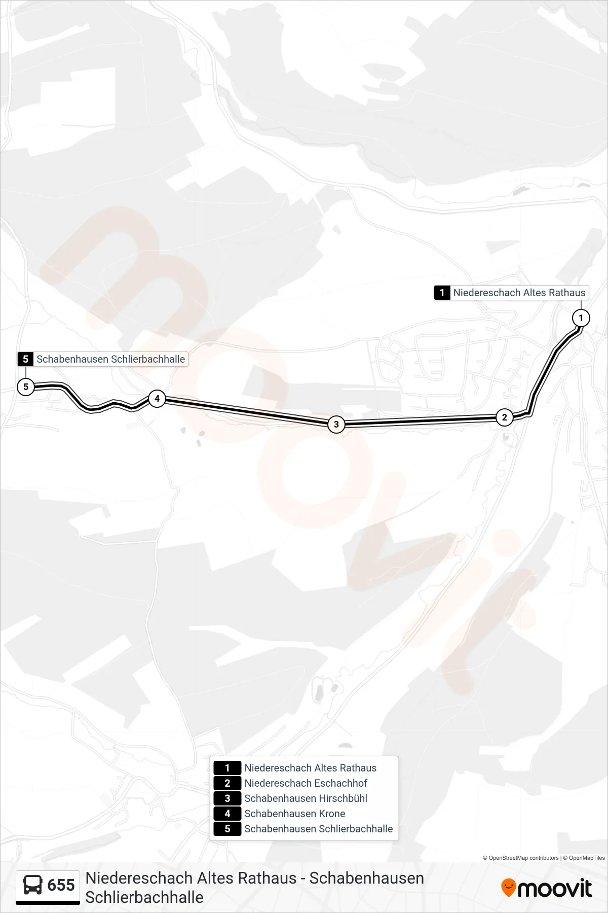 655 bus Line (Schabenhausen Schlierbachhalle) route and stops on a map