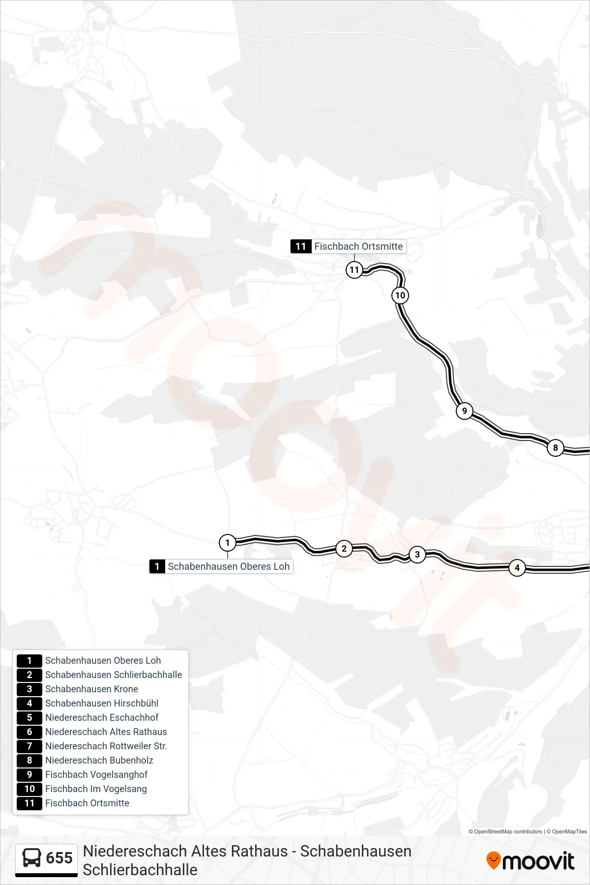 655 bus Line (Fischbach Ortsmitte) route and stops on a map
