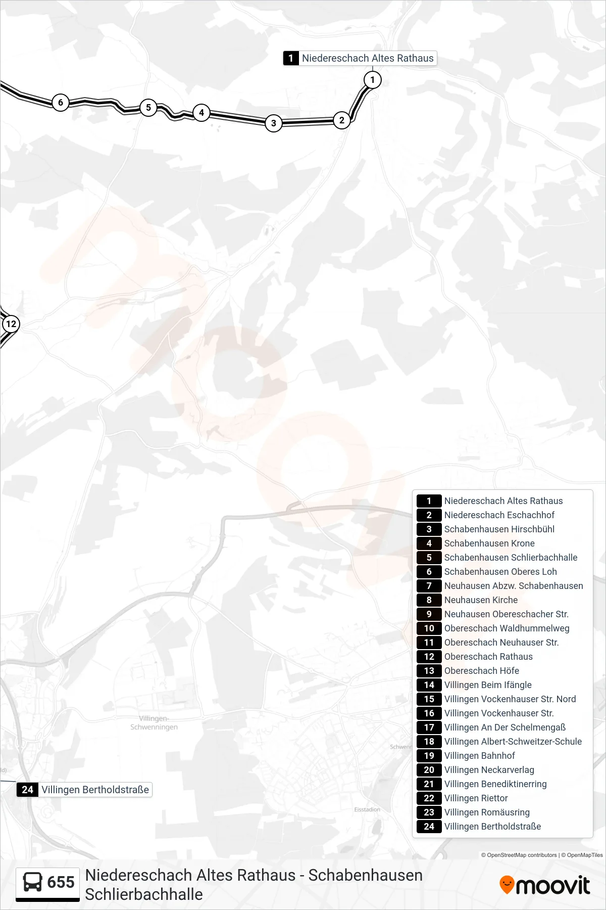 655 bus Line (Villingen Bertholdstraße) route and stops on a map