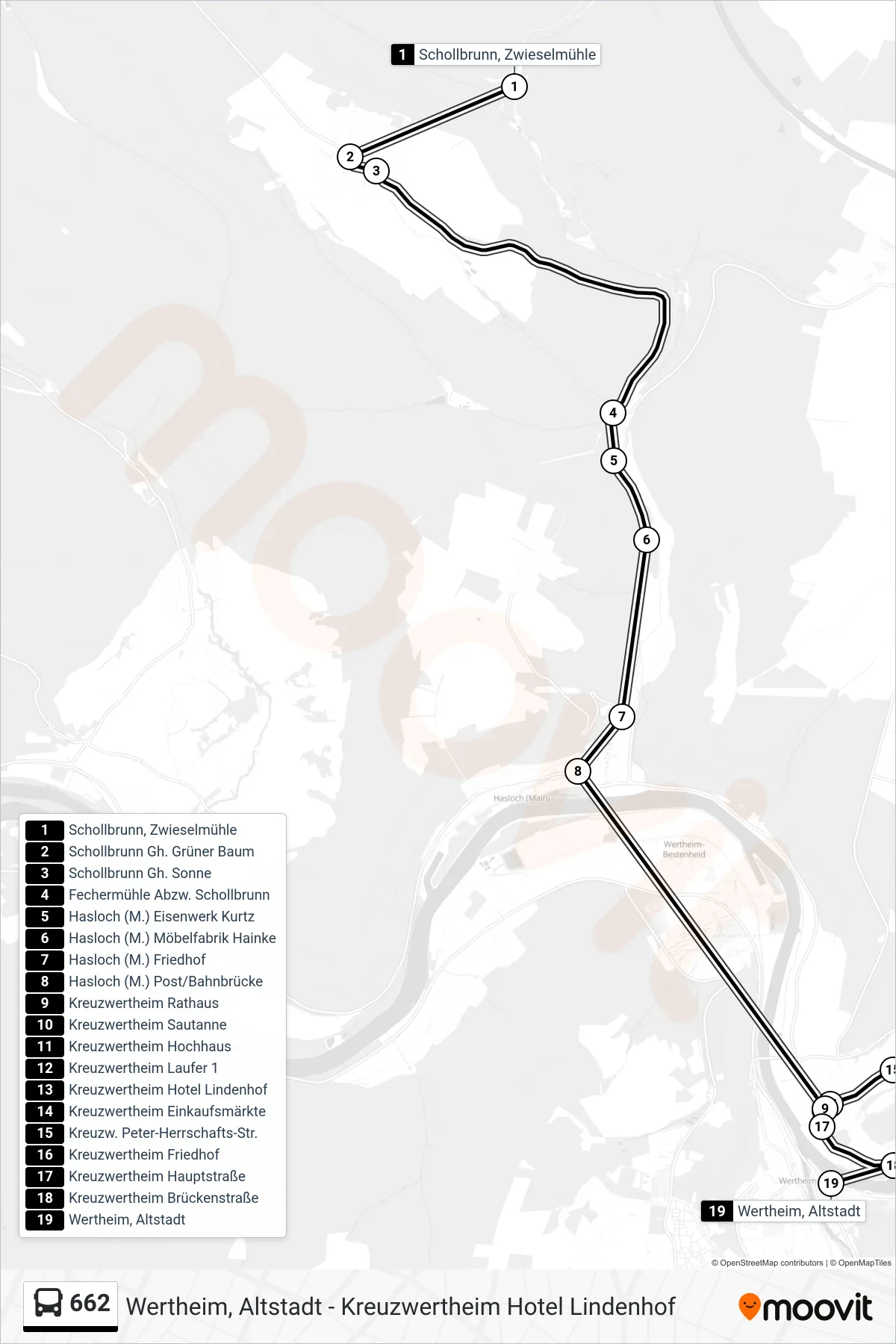 662 bus Line (Wertheim, Altstadt) route and stops on a map