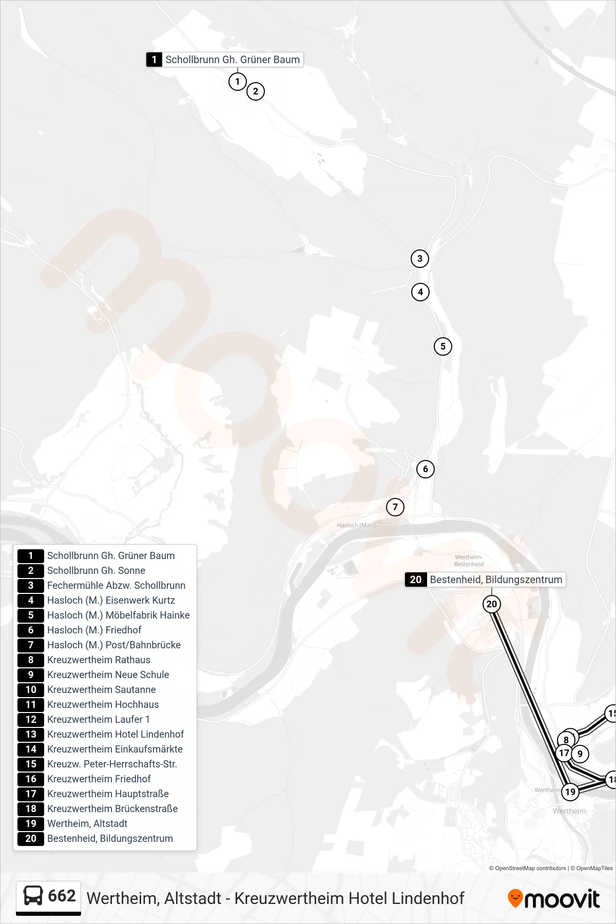 662 bus Line (Bestenheid, Bildungszentrum) route and stops on a map