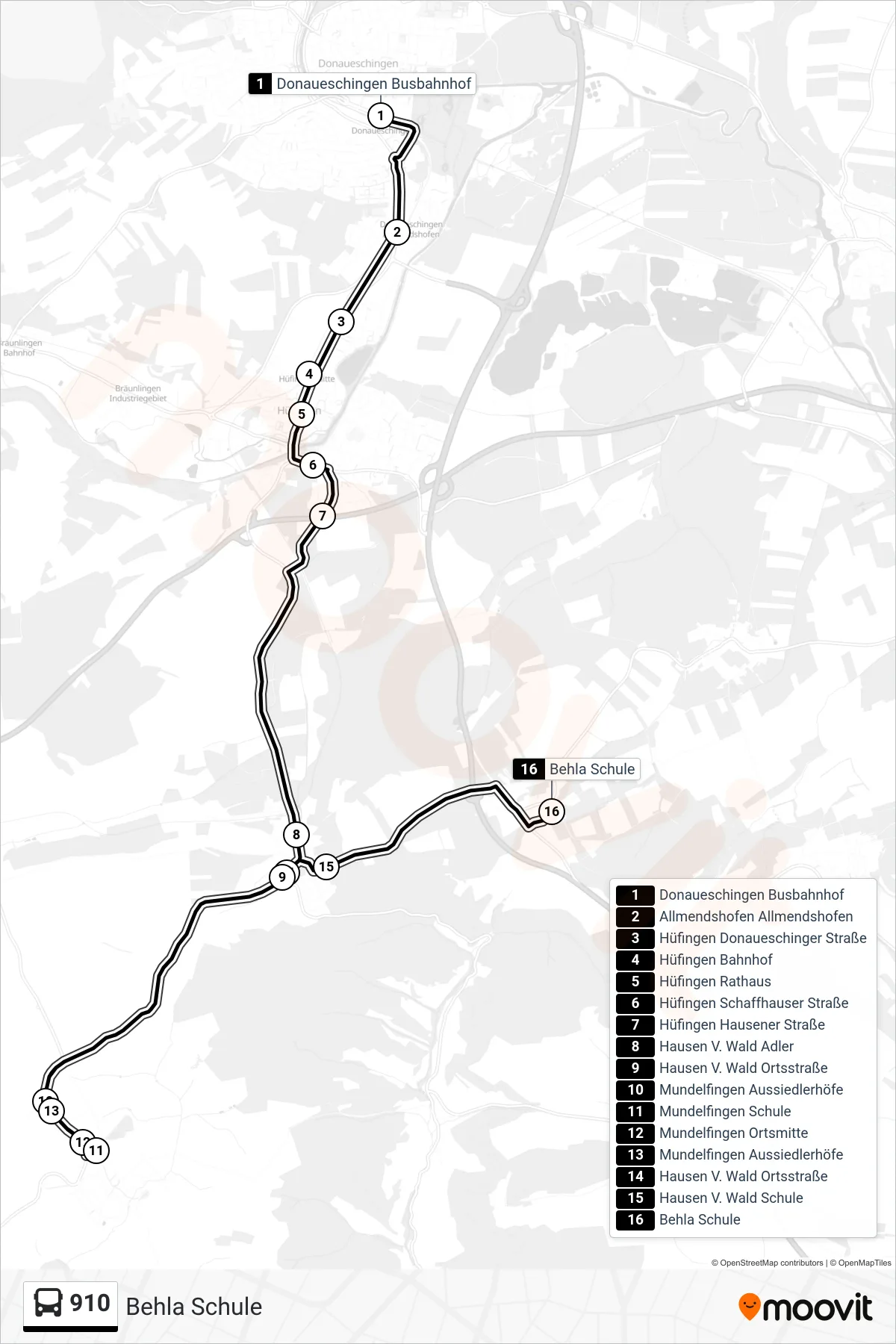 910 bus Line (Behla Schule) route and stops on a map