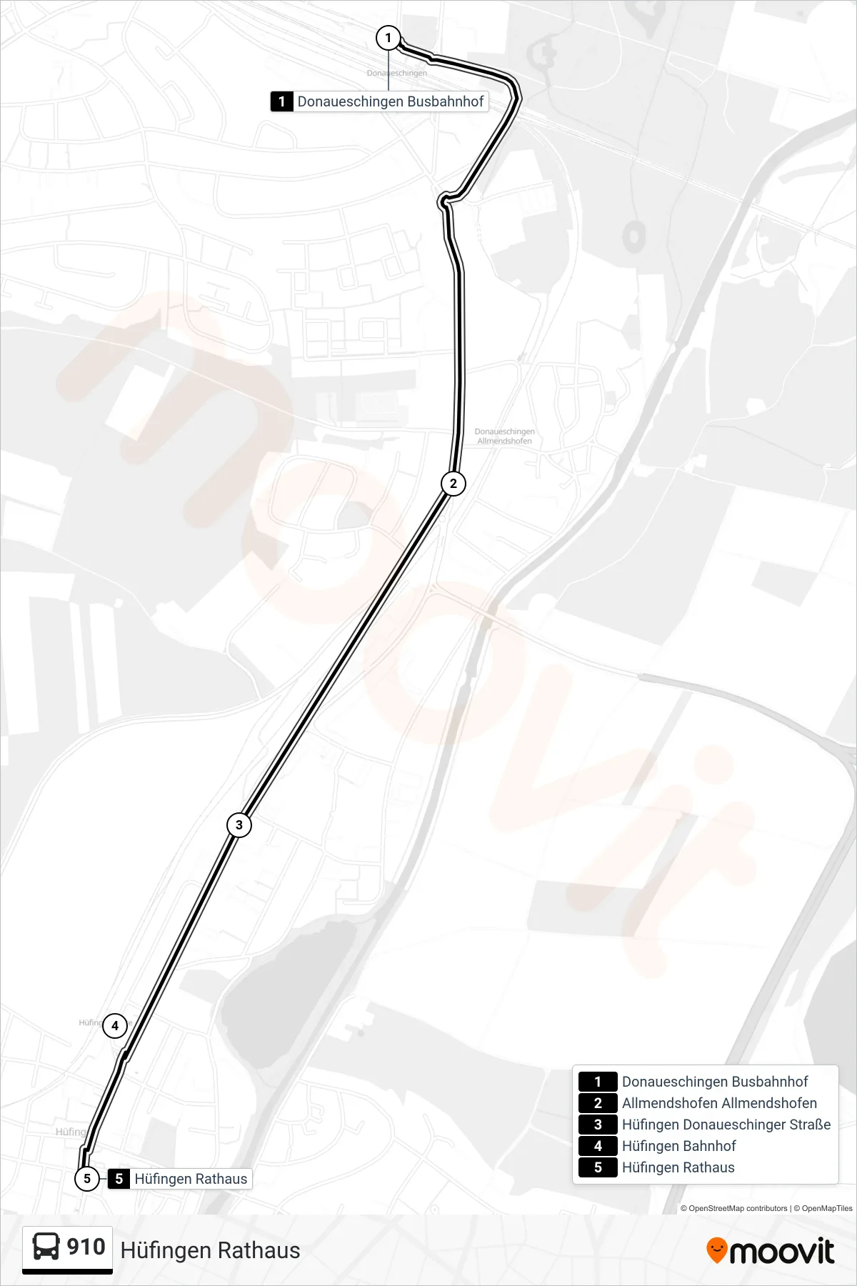 910 bus Line (Hüfingen Rathaus) route and stops on a map