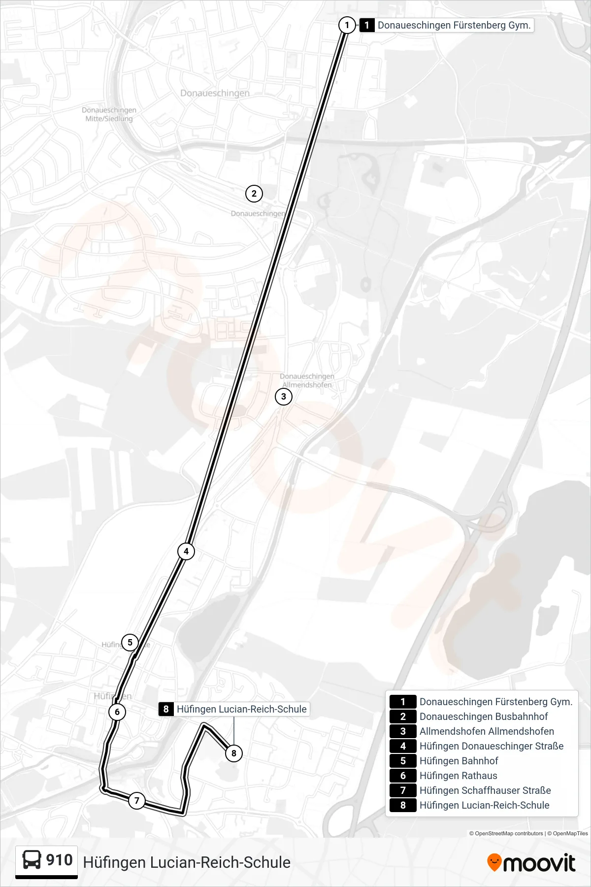 910 bus Line (Hüfingen Lucian-Reich-Schule) route and stops on a map