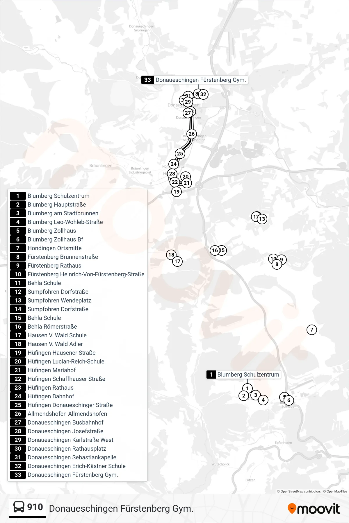 910 bus Line (Donaueschingen Fürstenberg Gym.) route and stops on a map