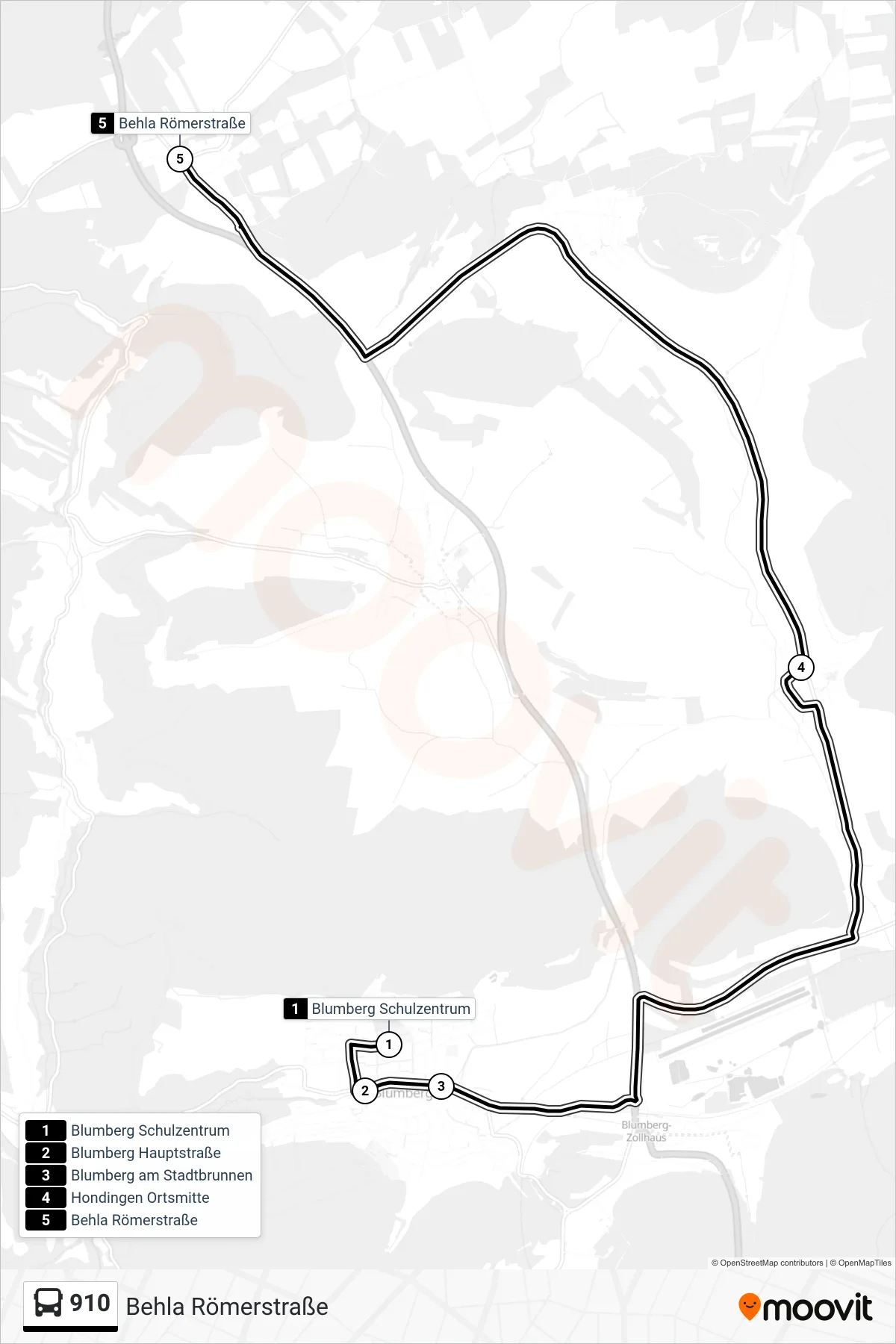 910 bus Line (Behla Römerstraße) route and stops on a map