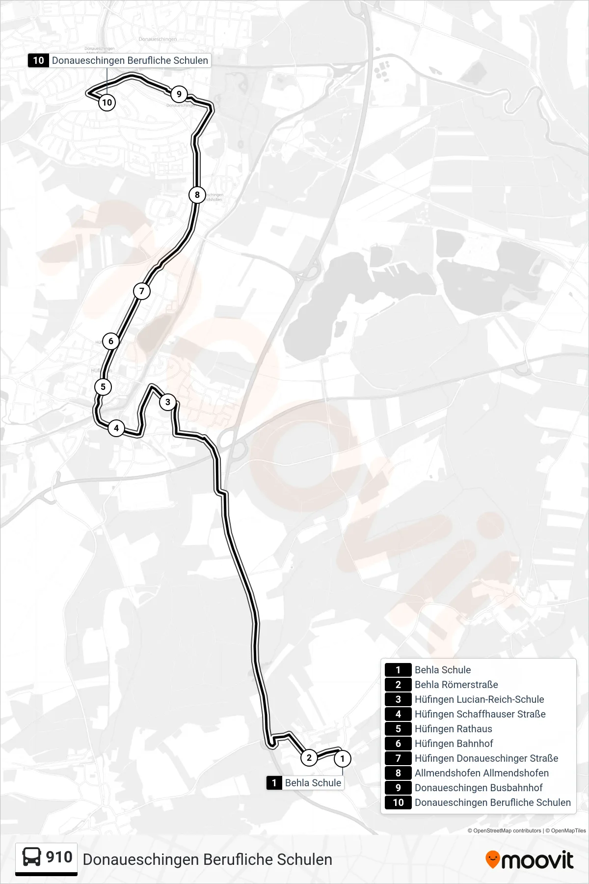 910 bus Line (Donaueschingen Berufliche Schulen) route and stops on a map