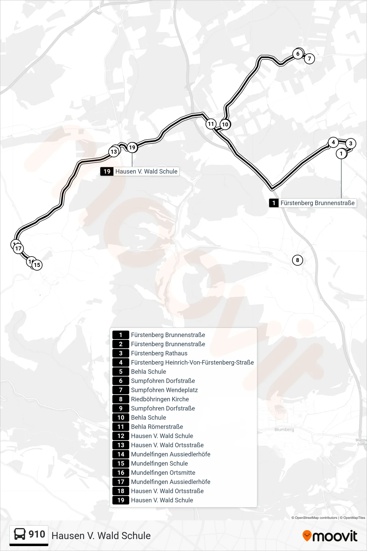 910 bus Line (Hausen V. Wald Schule) route and stops on a map