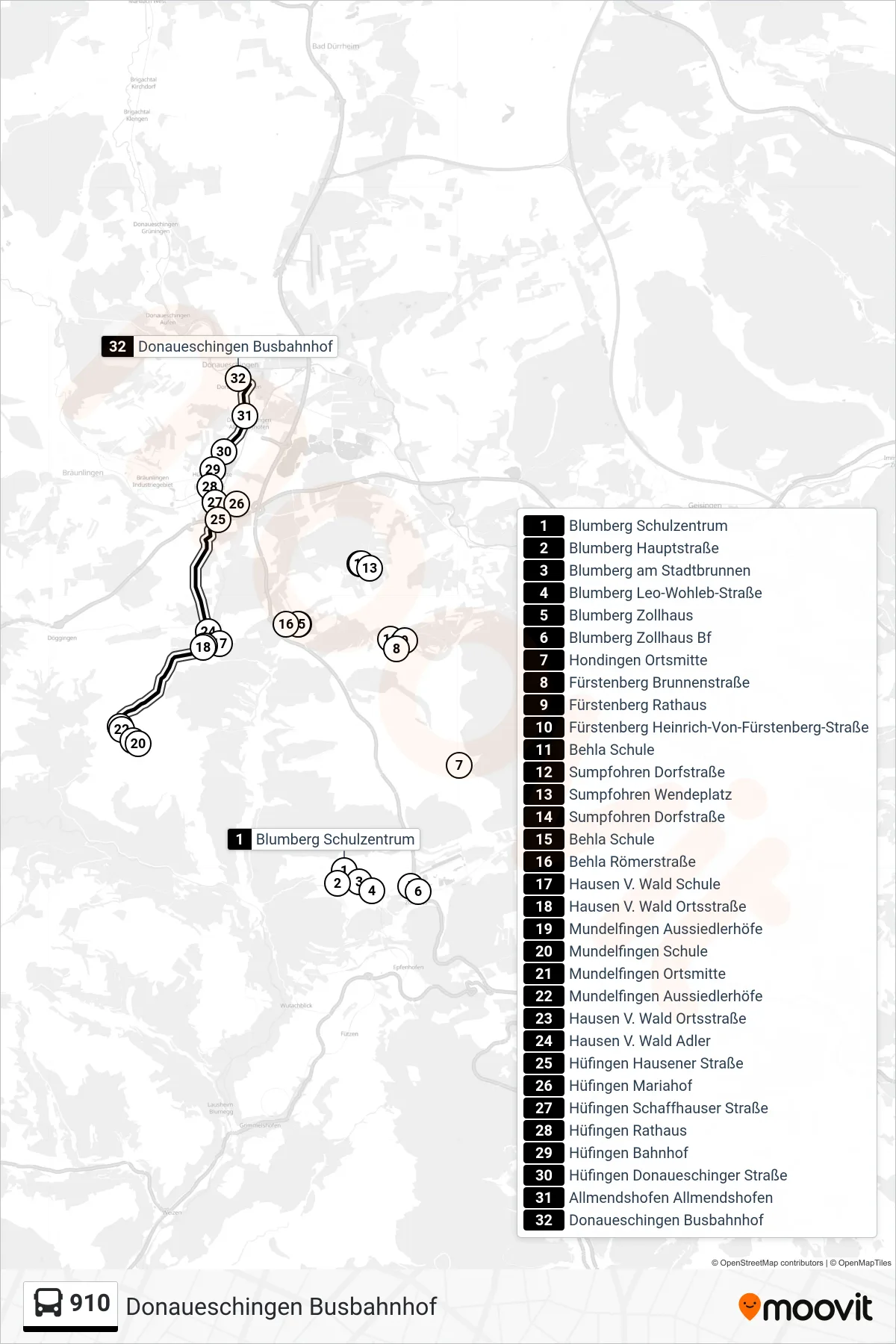 910 bus Line (Donaueschingen Busbahnhof) route and stops on a map