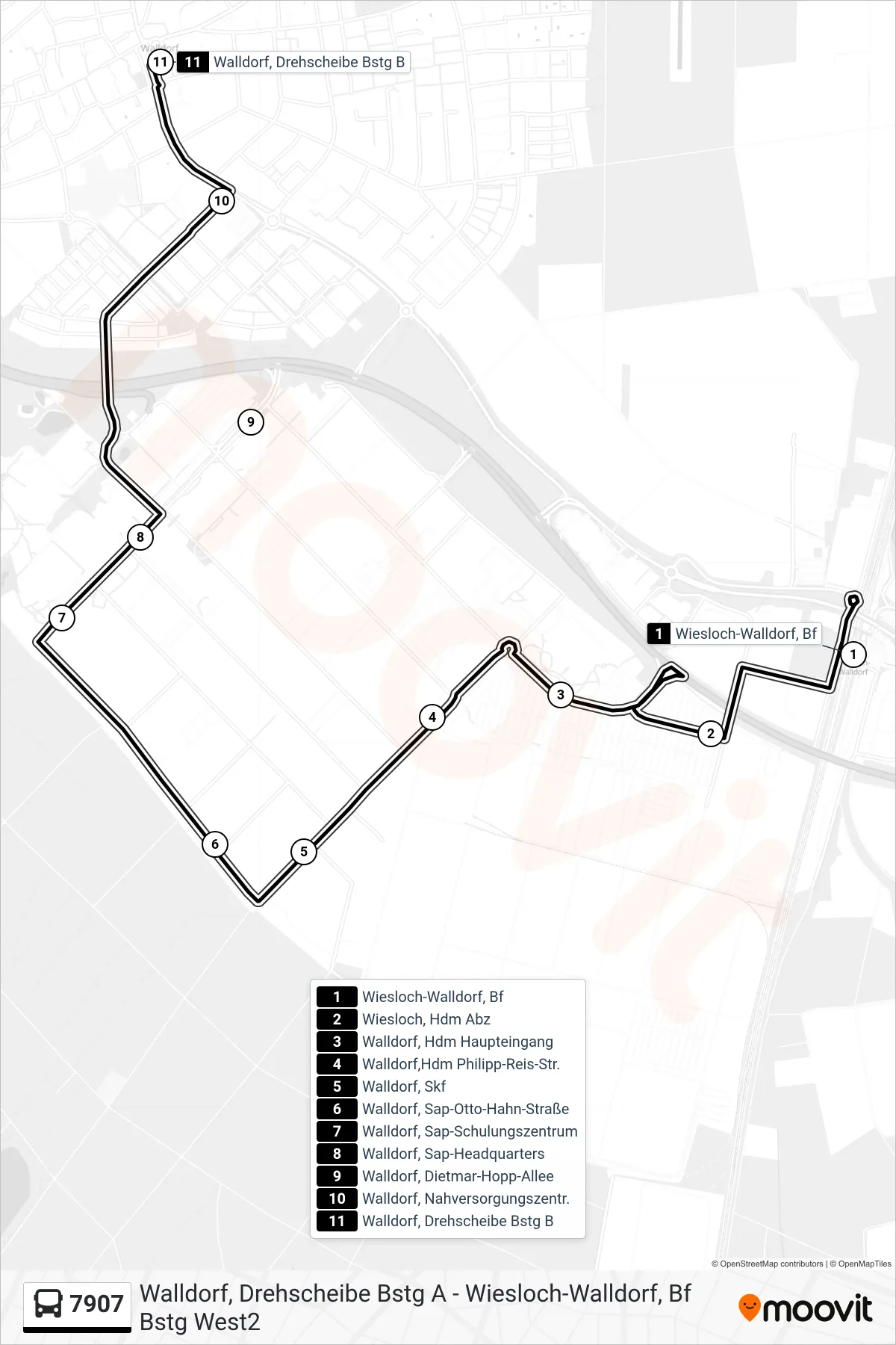 7907 bus Line (Walldorf, Drehscheibe) route and stops on a map