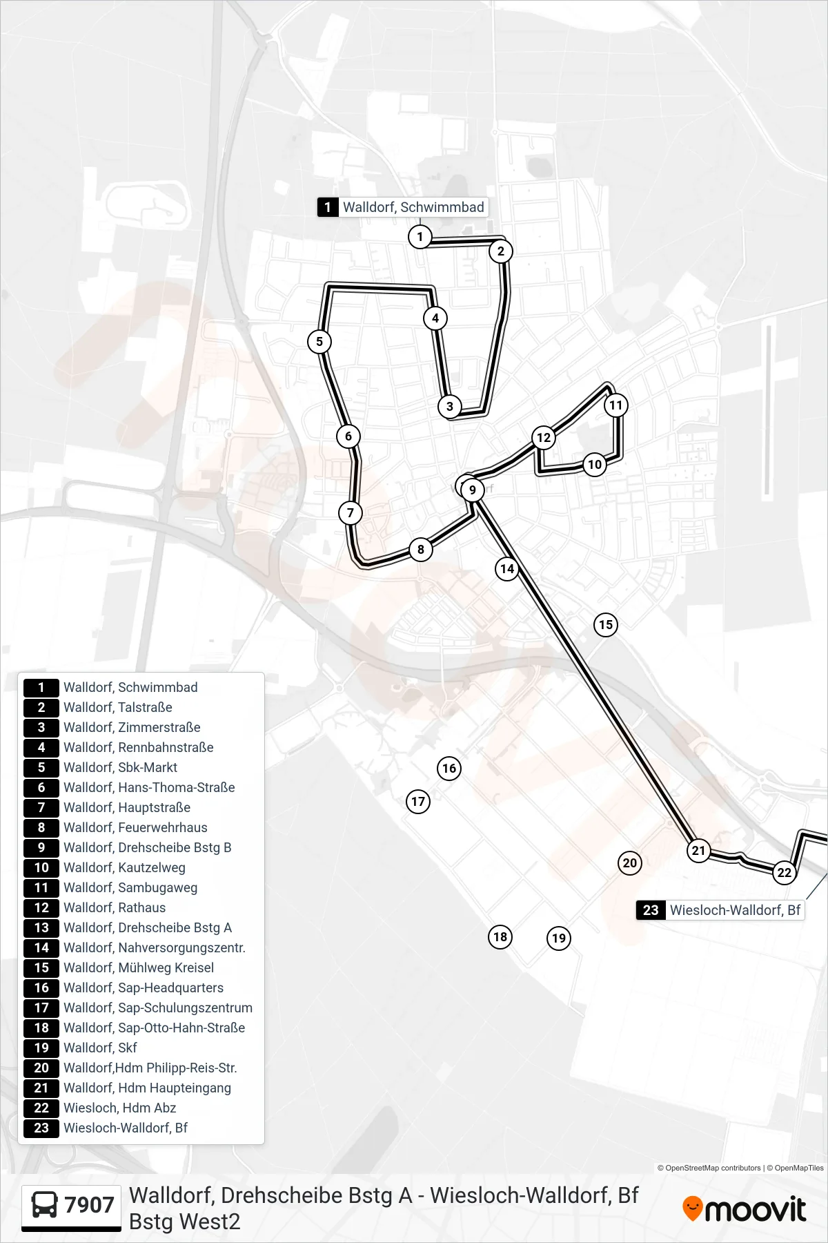 7907 bus Line (Wiesloch-Walldorf, Bf) route and stops on a map