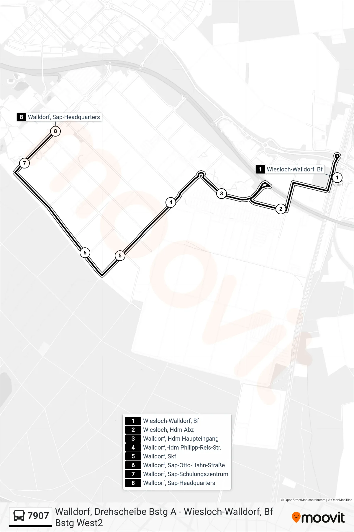 7907 bus Line (Walldorf, Sap-Headquarters) route and stops on a map