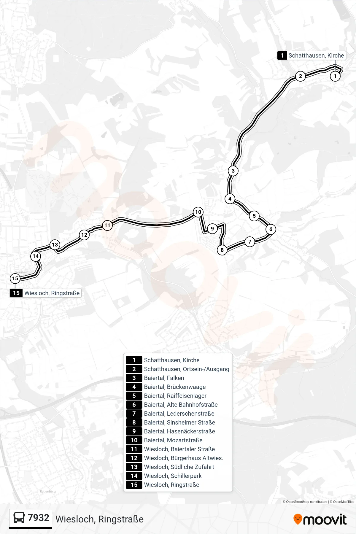 Linie 7932 (Bus) Richtung Wiesloch, Ringstraße: Route und Haltestellen auf der Karte
