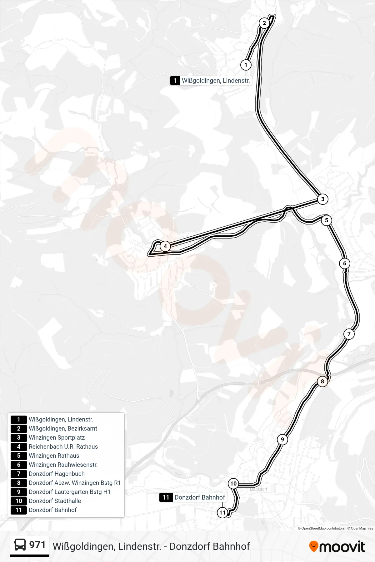 971 bus Line (Donzdorf Bahnhof) route and stops on a map