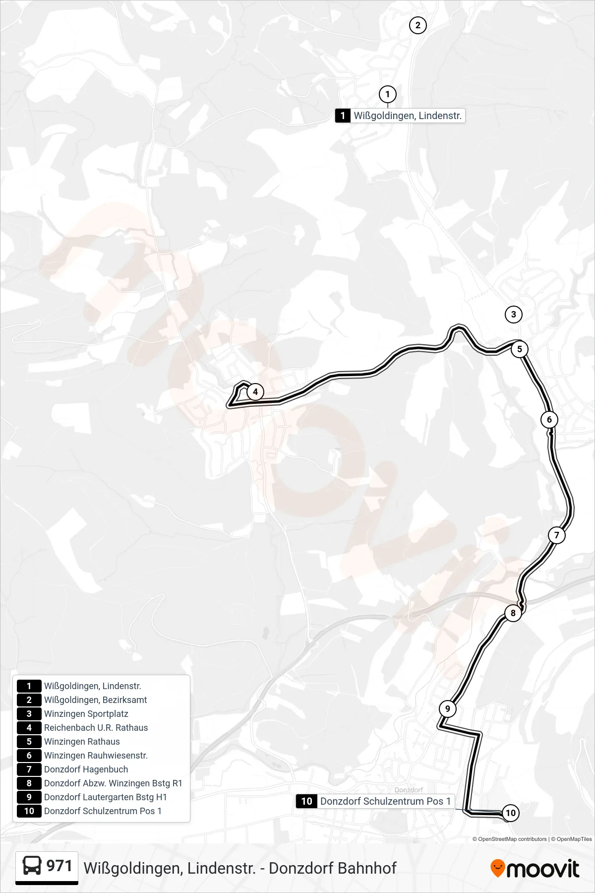 971 bus Line (Donzdorf Schulzentrum) route and stops on a map