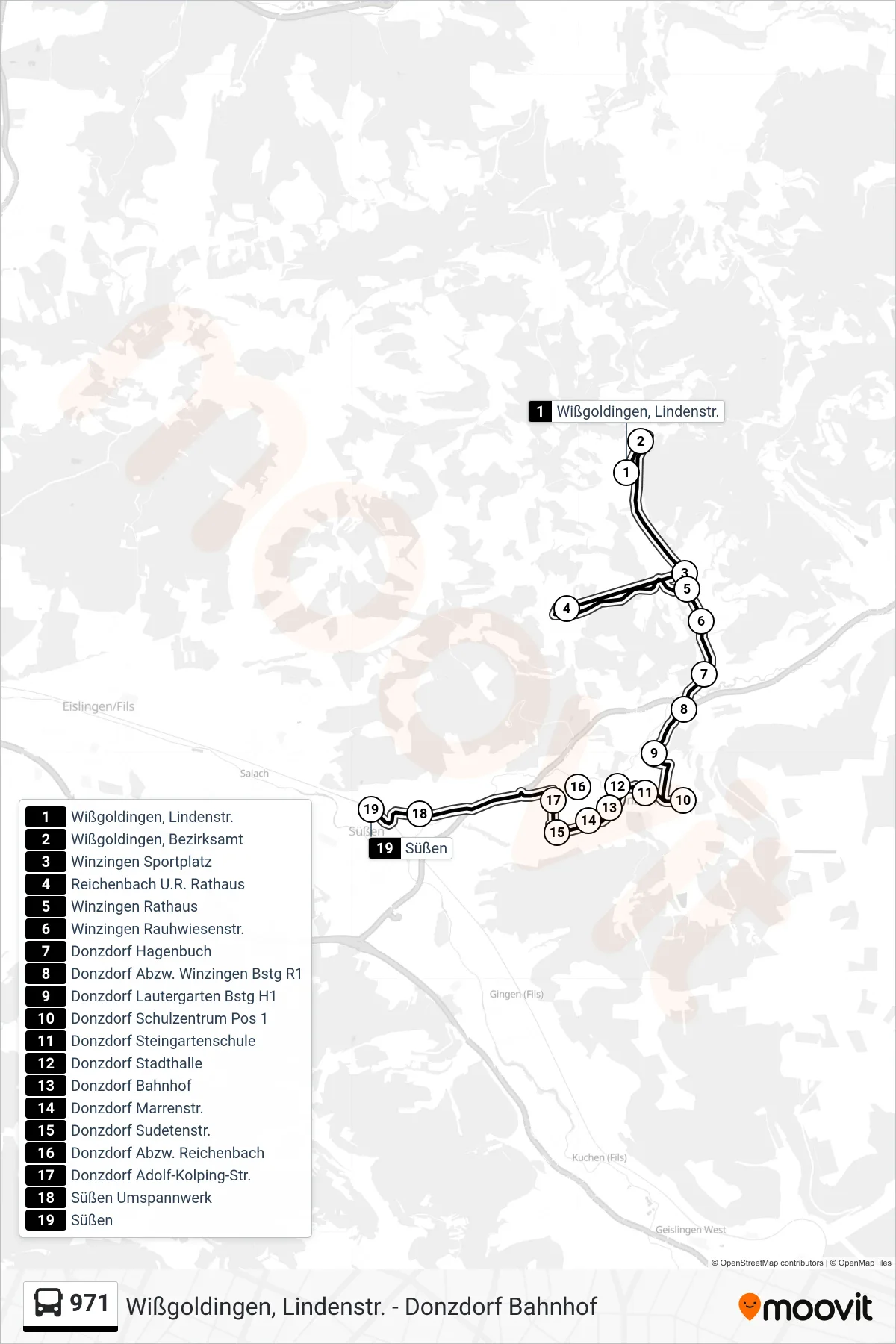 971 bus Line (Süßen) route and stops on a map