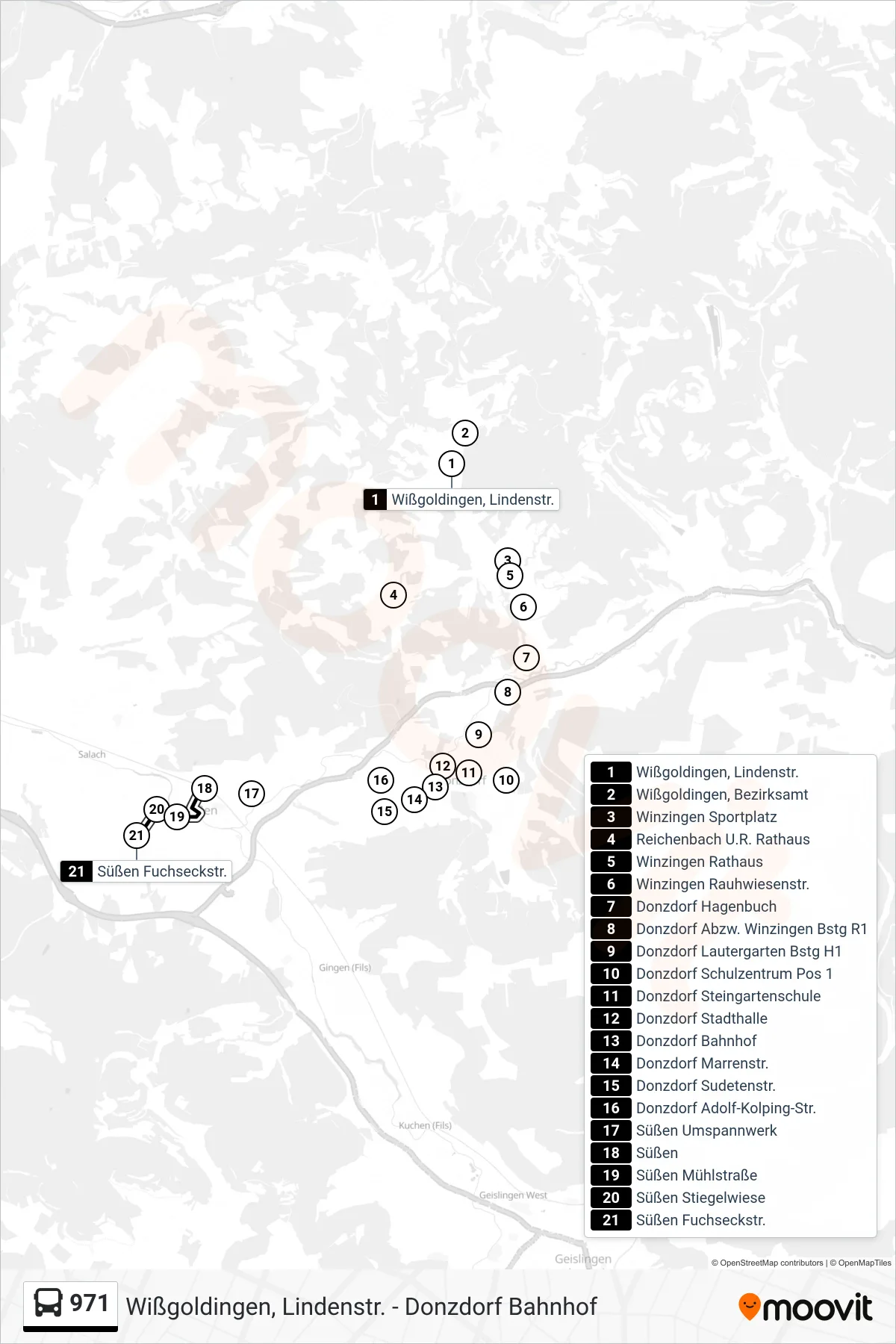 971 bus Line (Süßen Fuchseckstr.) route and stops on a map