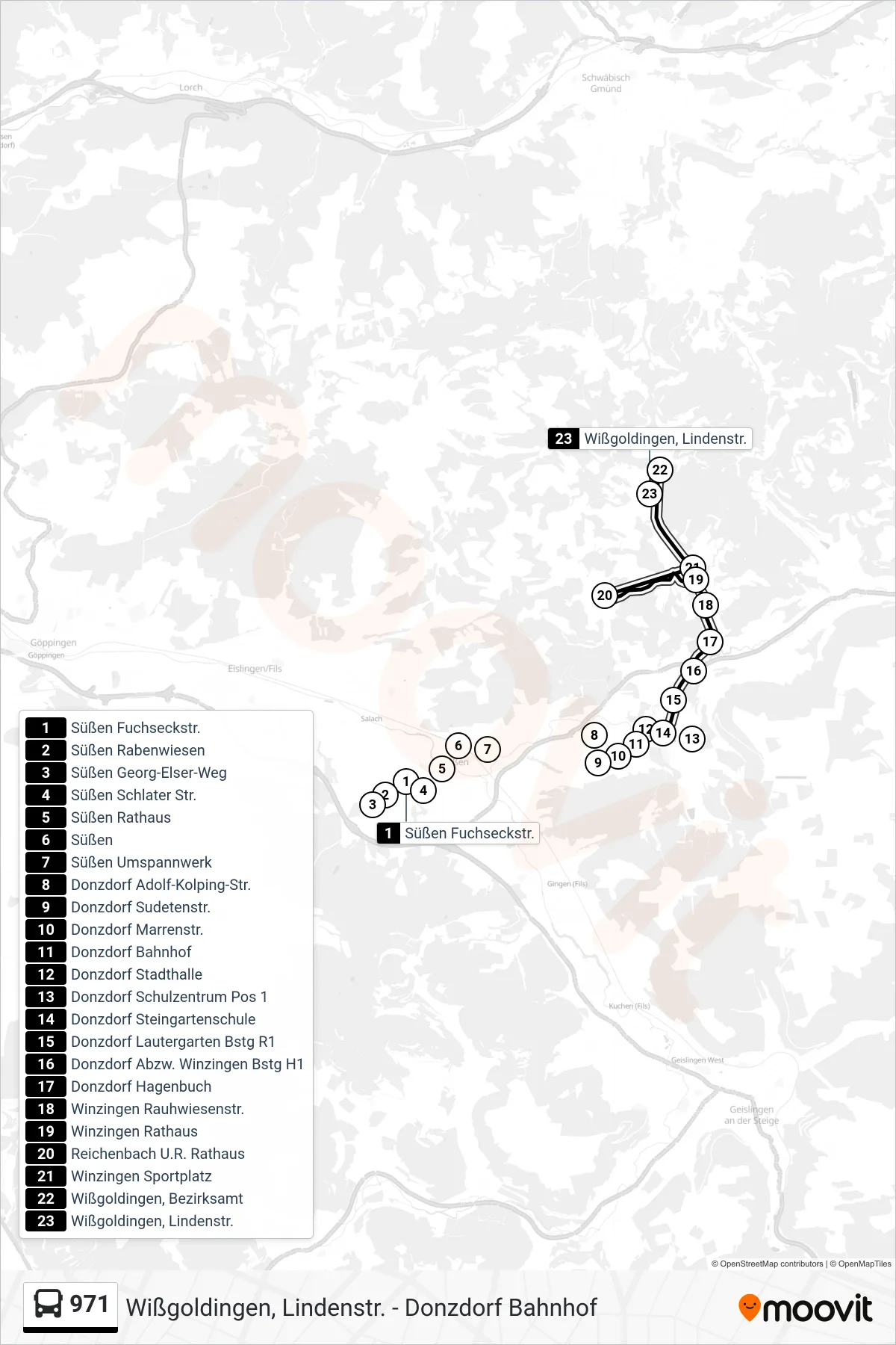 971 bus Line (Wißgoldingen, Lindenstr.) route and stops on a map