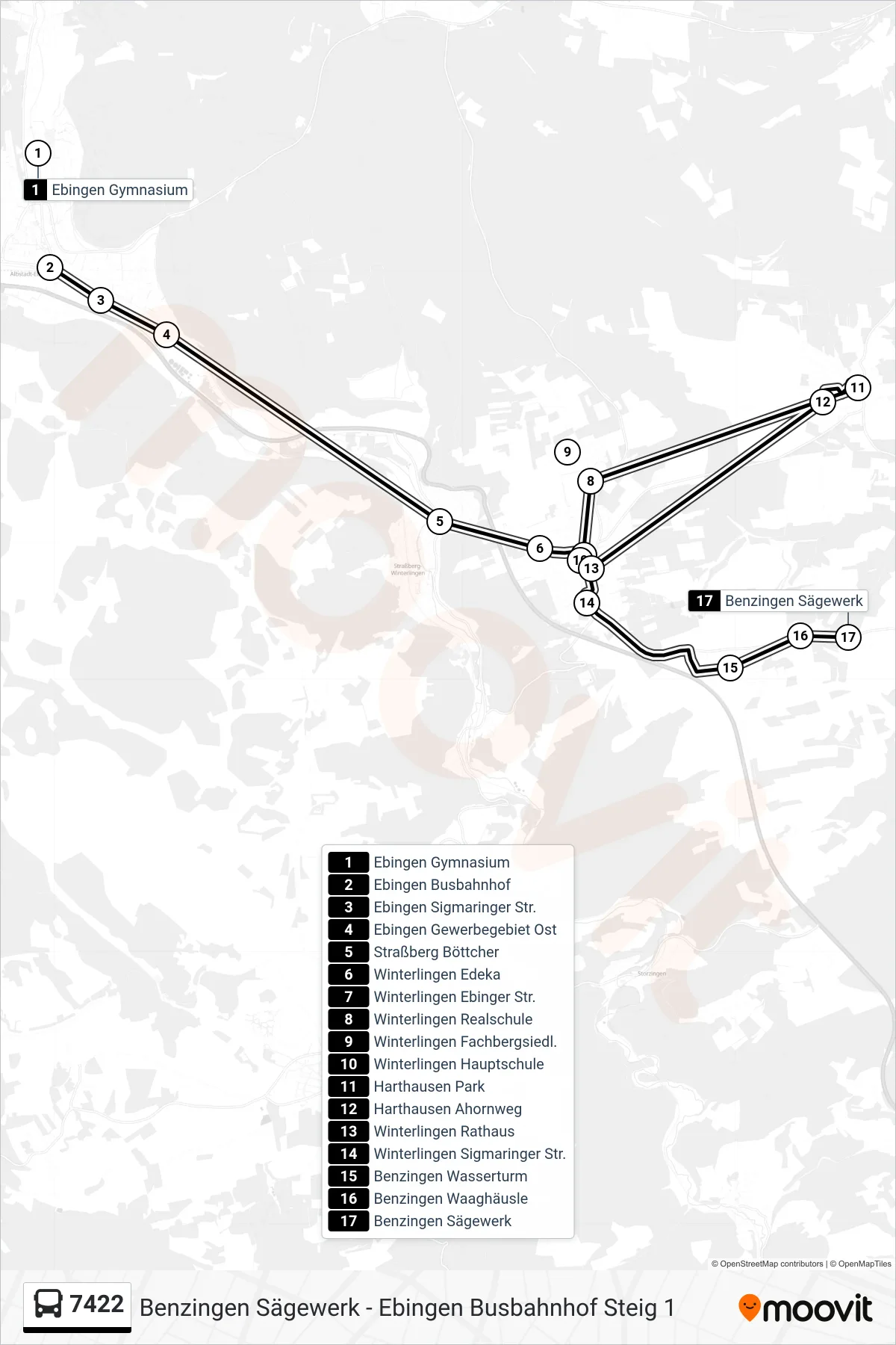 7422 bus Line (Benzingen Sägewerk) route and stops on a map