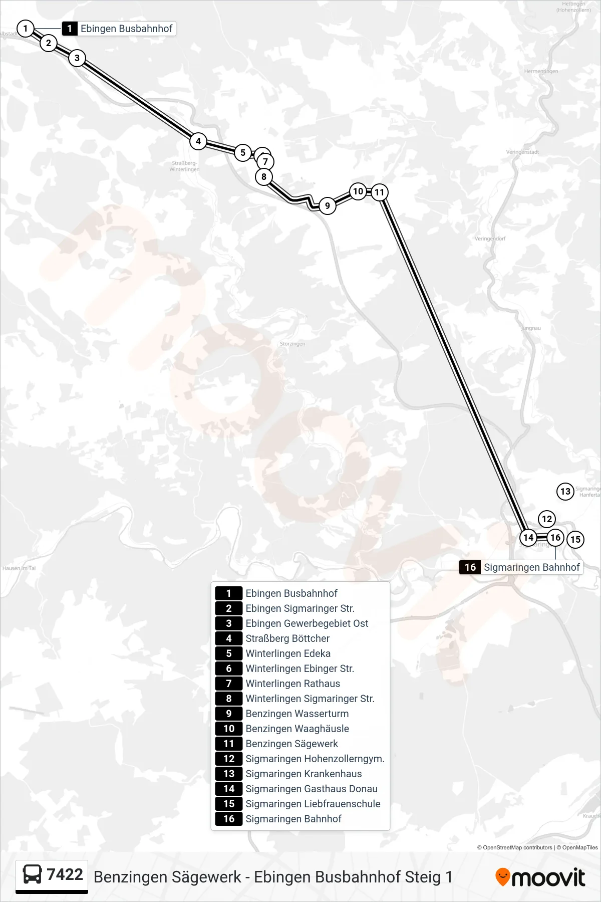 7422 bus Line (Sigmaringen Bahnhof) route and stops on a map