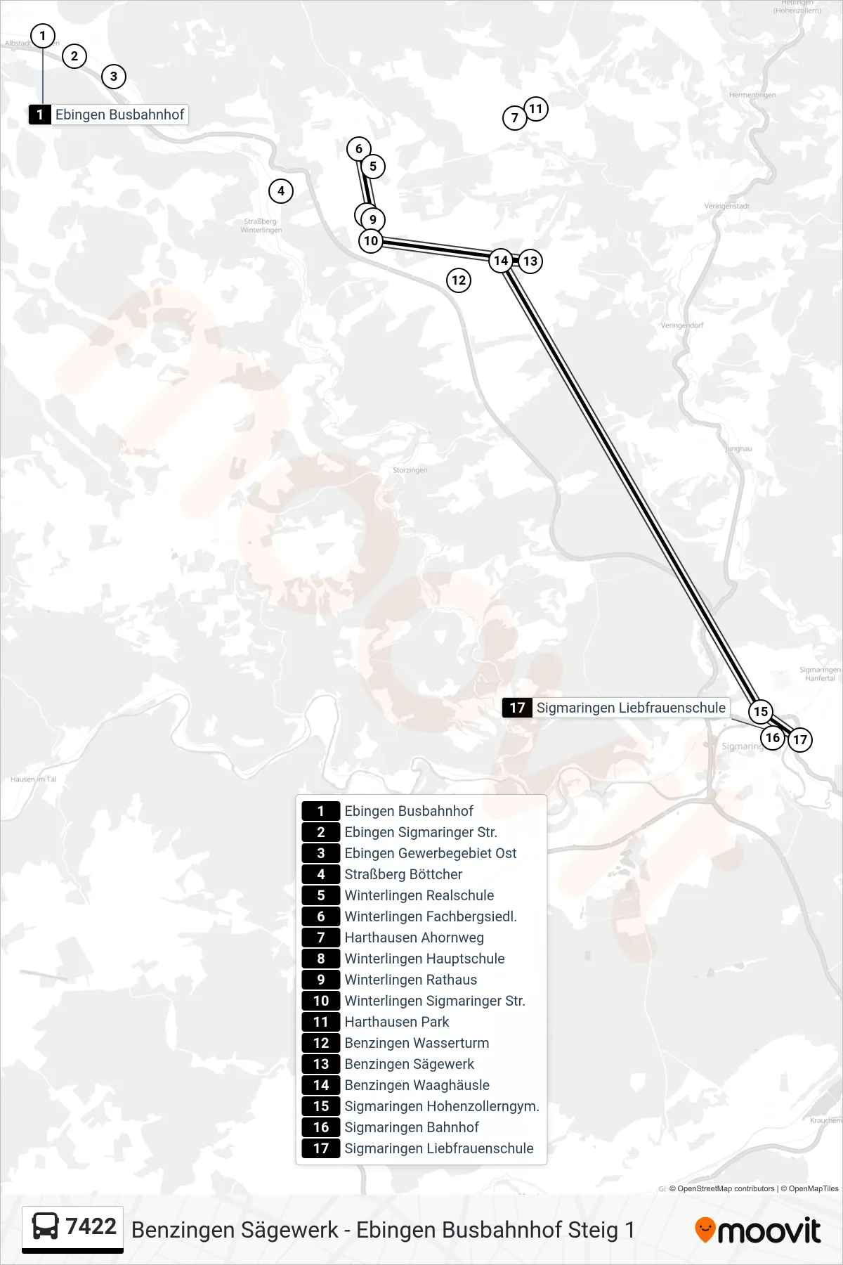 7422 bus Line (Sigmaringen Liebfrauenschule) route and stops on a map