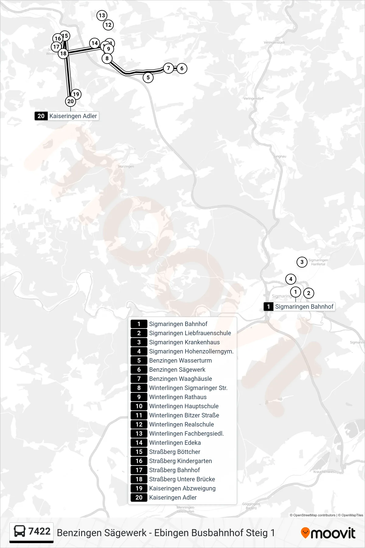 7422 bus Line (Kaiseringen Adler) route and stops on a map