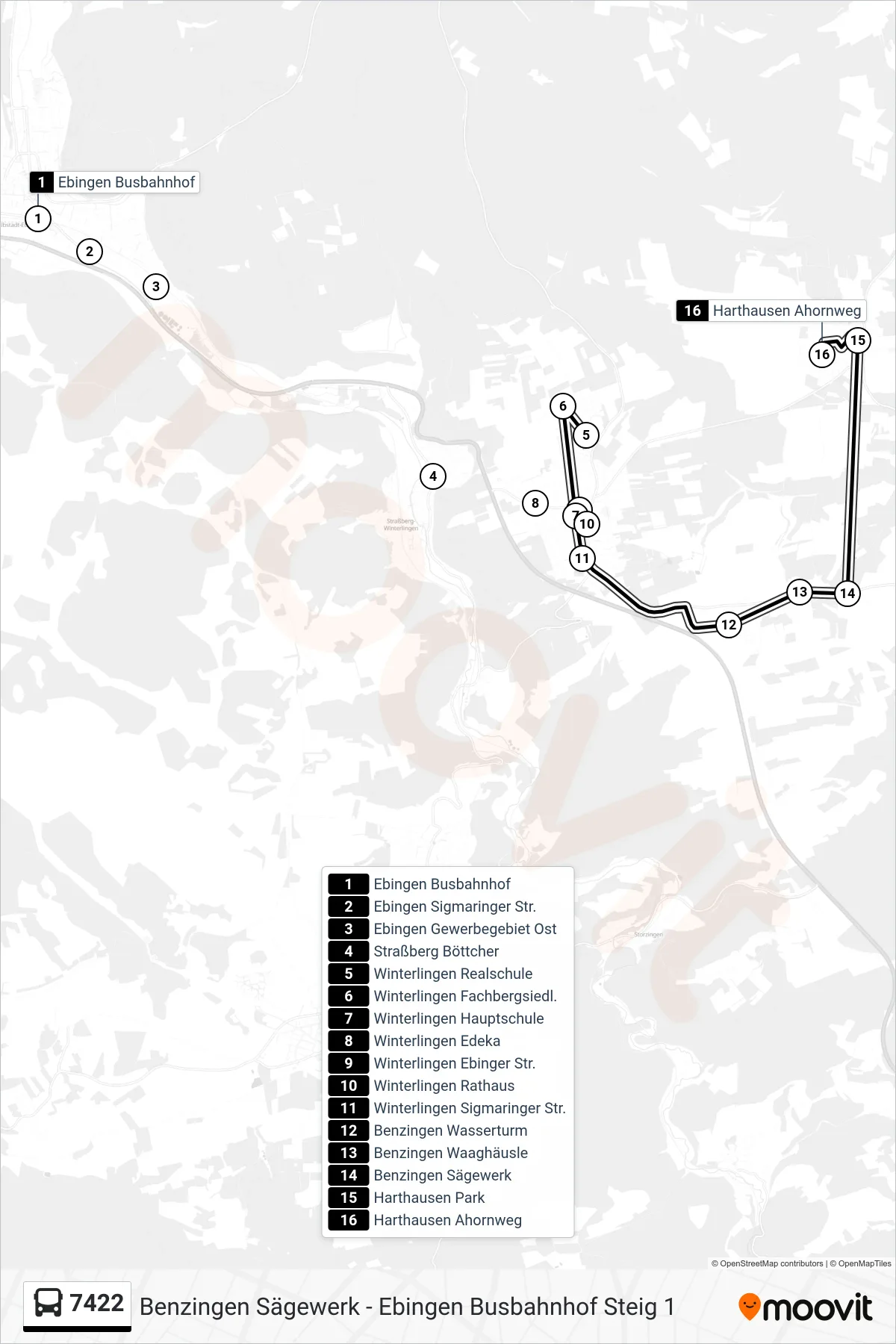 7422 bus Line (Harthausen Ahornweg) route and stops on a map