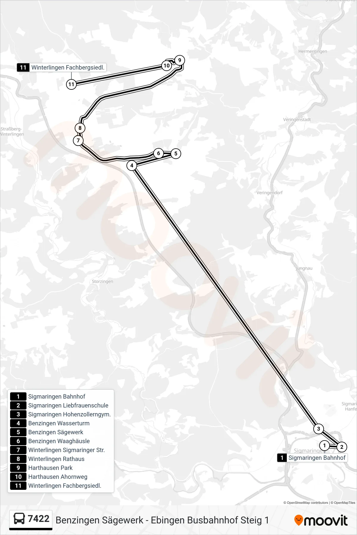 7422 bus Line (Winterlingen Fachbergsiedl.) route and stops on a map