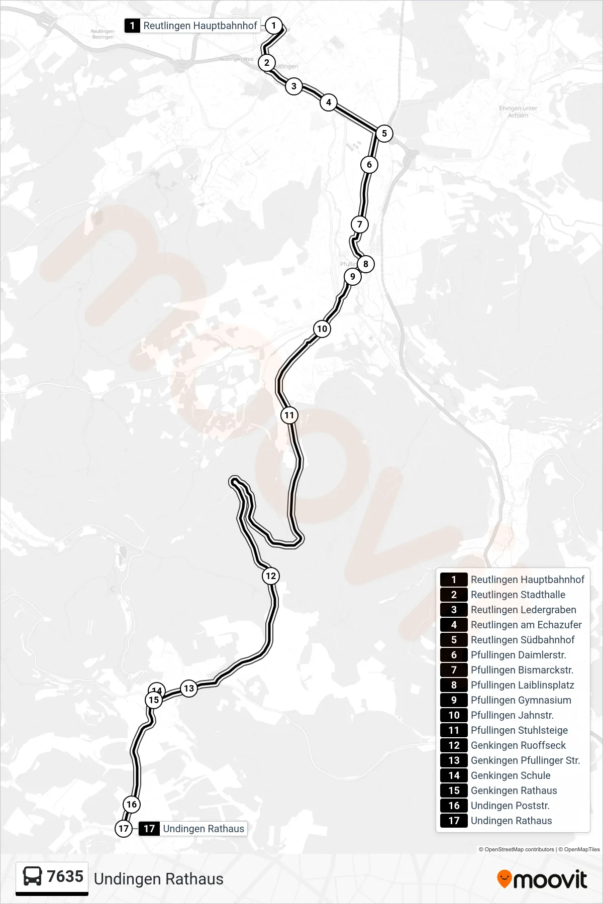 7635 bus Line (Undingen Rathaus) route and stops on a map