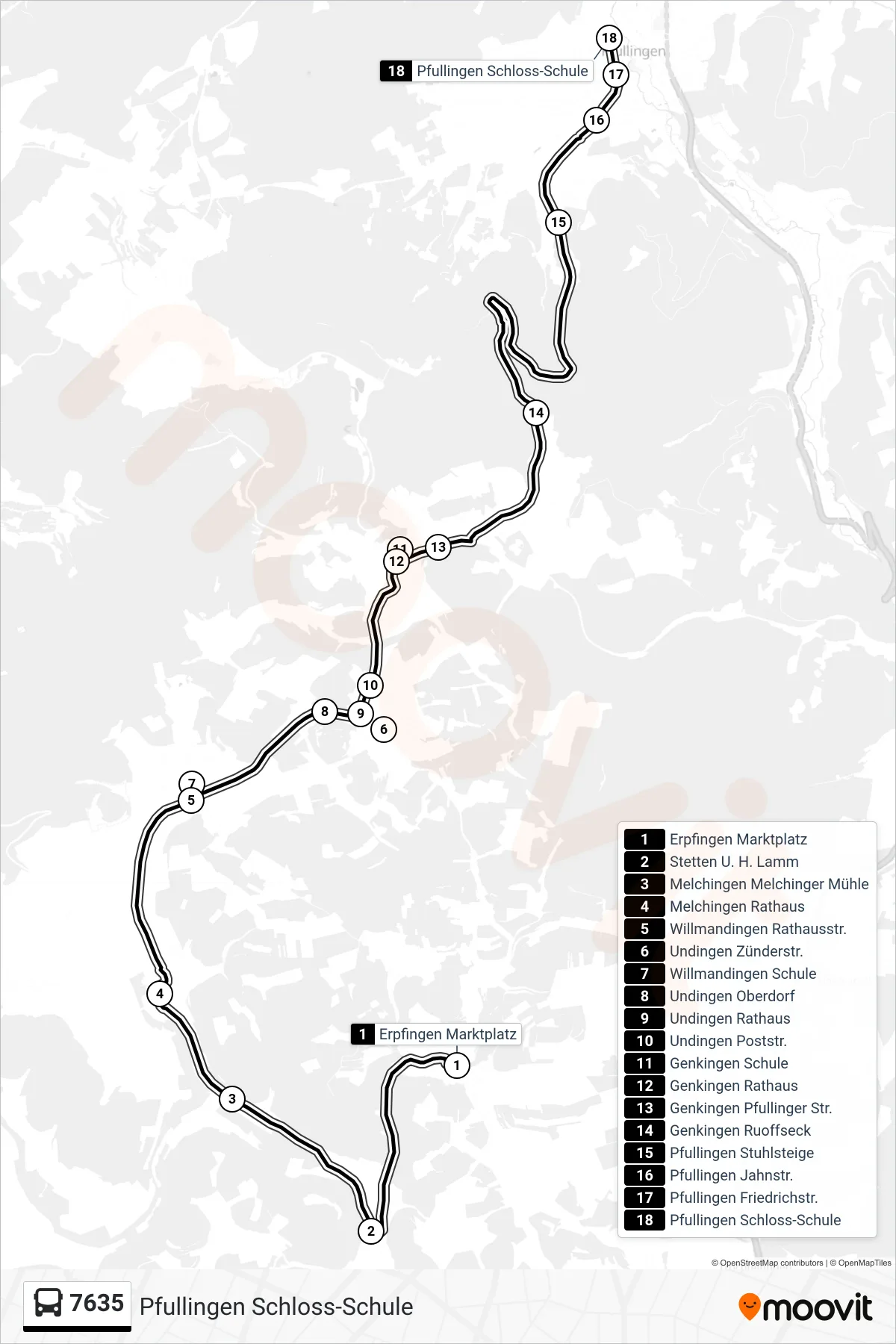 7635 bus Line (Pfullingen Schloss-Schule) route and stops on a map