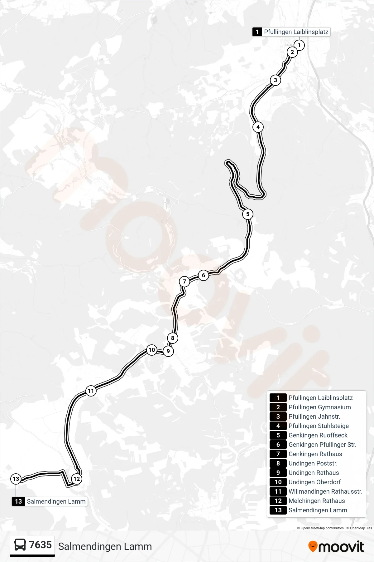 7635 bus Line (Salmendingen Lamm) route and stops on a map